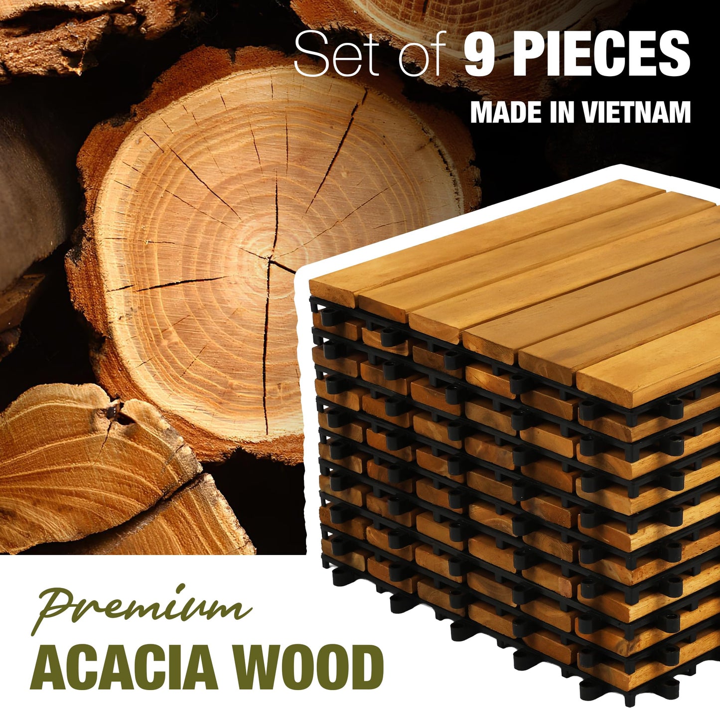 GREEN ALLUVIUM Premium Acacia Wood Interlocking Deck Tiles, 9 PCS 12"x12"x0.9" Floor Tiles, Waterproof Wood Flooring for Backyard & Outdoor Patio Decor, All Weather Use (Golden Teak – Striped Pattern)