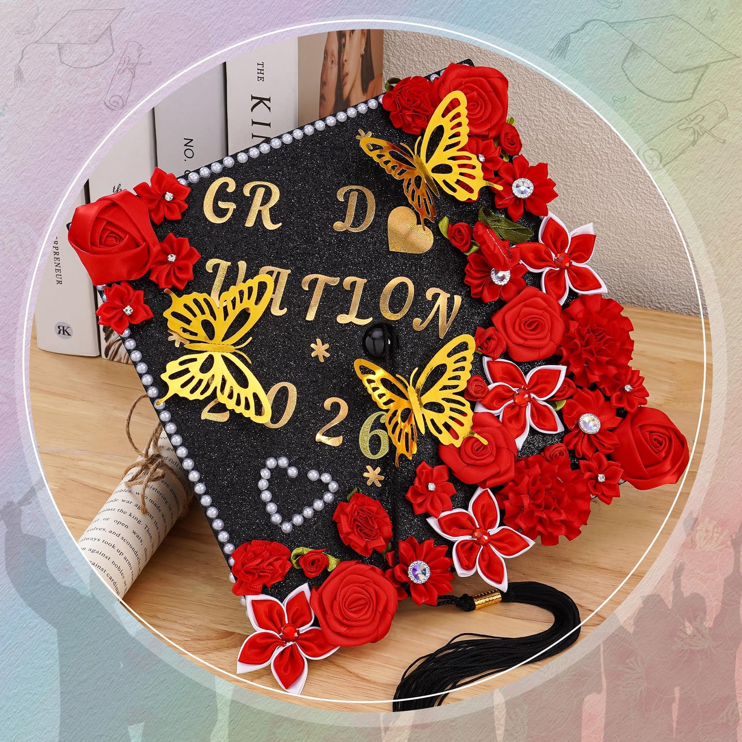 VISSTREE DIY Graduation Cap Decoration, 56 Pcs Cap Decorations for Graduation Kit 2026 DIY Grad Cap Graduation Gift with Red Paper Flowers 3D Glitter Butterfly Custom Number Letter Stickers Decor