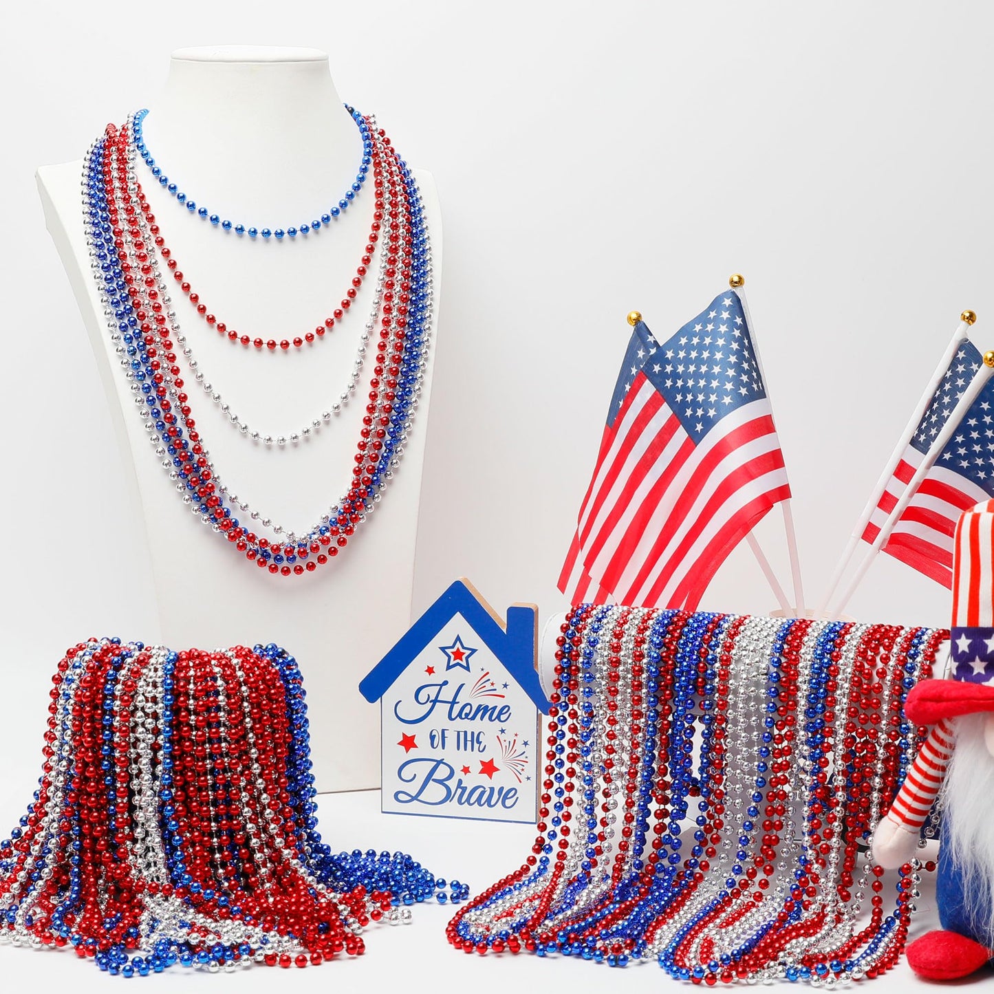 Huskein 120 PCS 4th of July Necklace, 33" Red Silver Blue Metallic Beaded Necklaces, Independence Day Party Accessories Patriotic Bead Necklace for Memorial Day Fourth of July Parades Party Supplies