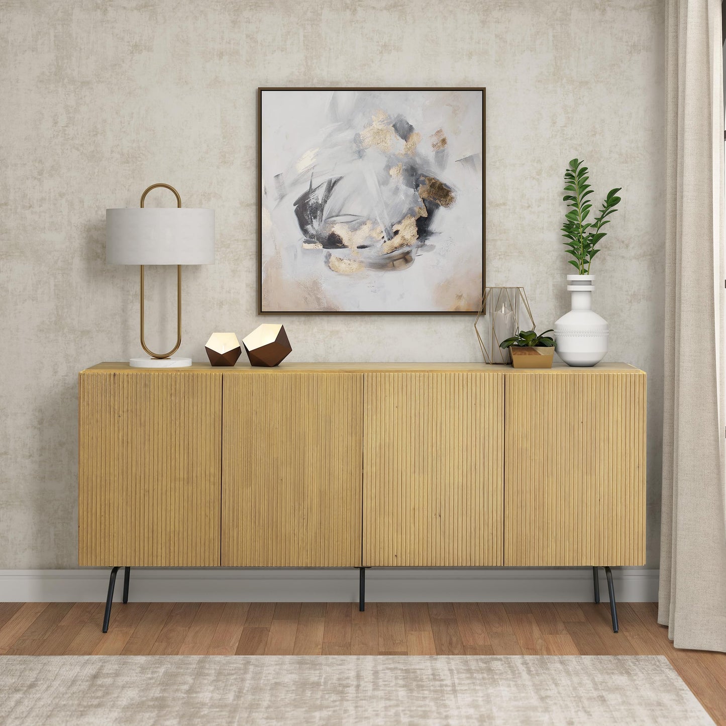 NTC Veil Modern Sideboard with 4 Doors, Buffet Cabinet with Vertical Groove Design and Metal Legs, Storage Cabinet for Living Room, and Hallway, Effortless Assembly, Sand