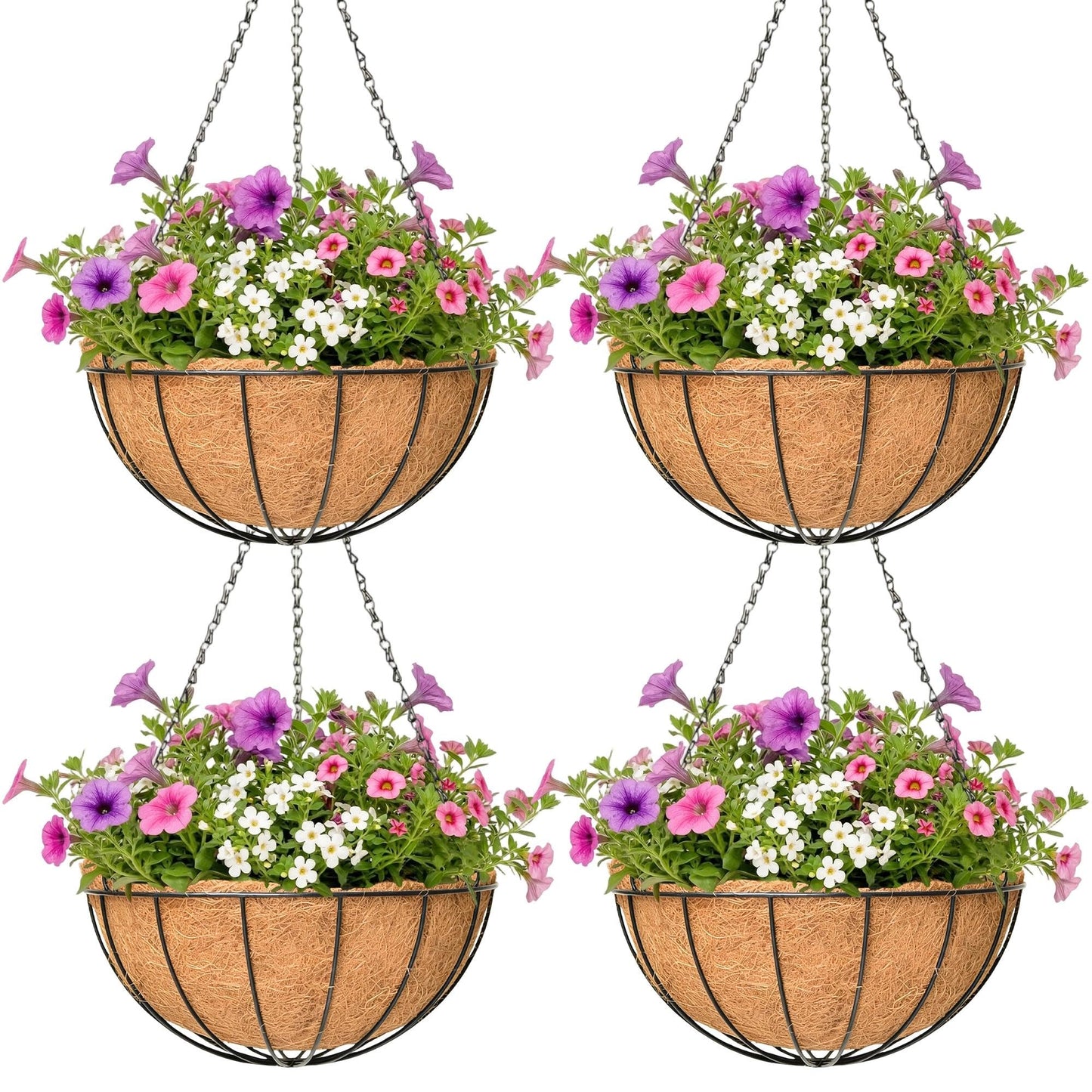 4 Pack Hanging Planter for Outdoor Plants 16 inch Metal Hanging Flower Basket with Coco Coir Liner Round Wire Plant Holder Chain Flower Pots Outdoor Garden Decoration Watering Hanging Baskets(XG)