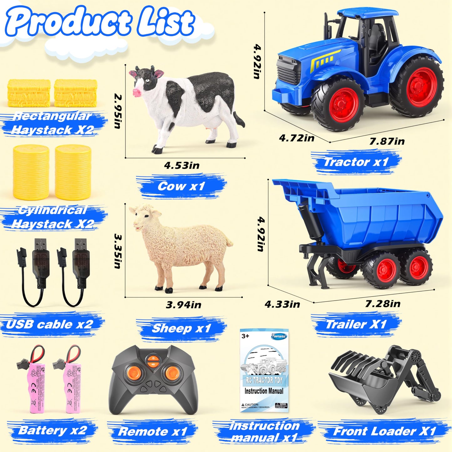 Funwee RC Tractor Toy Set with Light & Sound, Kids Farm Car Animal Trailer Wheels Remote Truck, Outdoor Vehicle Toys for 3-7+ Years Old Toddler Boy and Girl Gift(Blue)