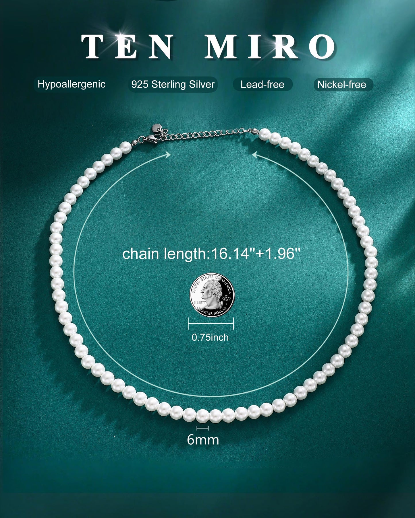 TEN MIRO Imitation Pearl Necklaces for Women, Dainty White imitation pearl Choker 6MM Round Imitation Pearls Necklace with Adjustable Extender Bridesmaid Necklaces for Wedding Prom Pearl Jewelry Gifts