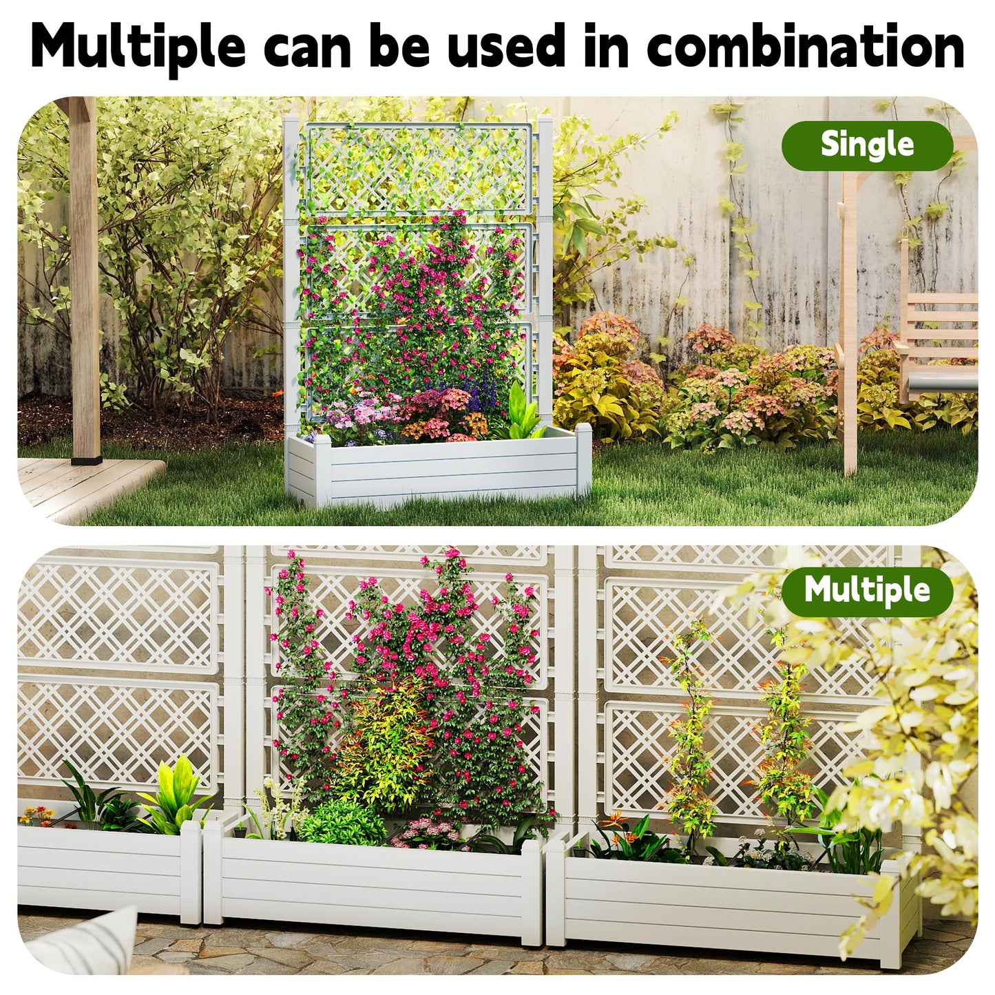 EasyUp Raised Garden Bed with Trellis for Climbing Plants, Outdoor Herb Planter Box with Drainage Plug & Water Gauge, Durable Resin for Patio, Balcony, Yard, Dust-Proof Garden Planter