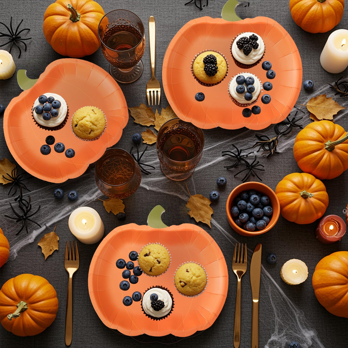 Cheerland Thanksgiving Party Decorations Pumpkin Shaped Paper Plates with Treat Bags for Autumn Fall Theme Birthday Baby Shower Summerween Harvest Party Supplies