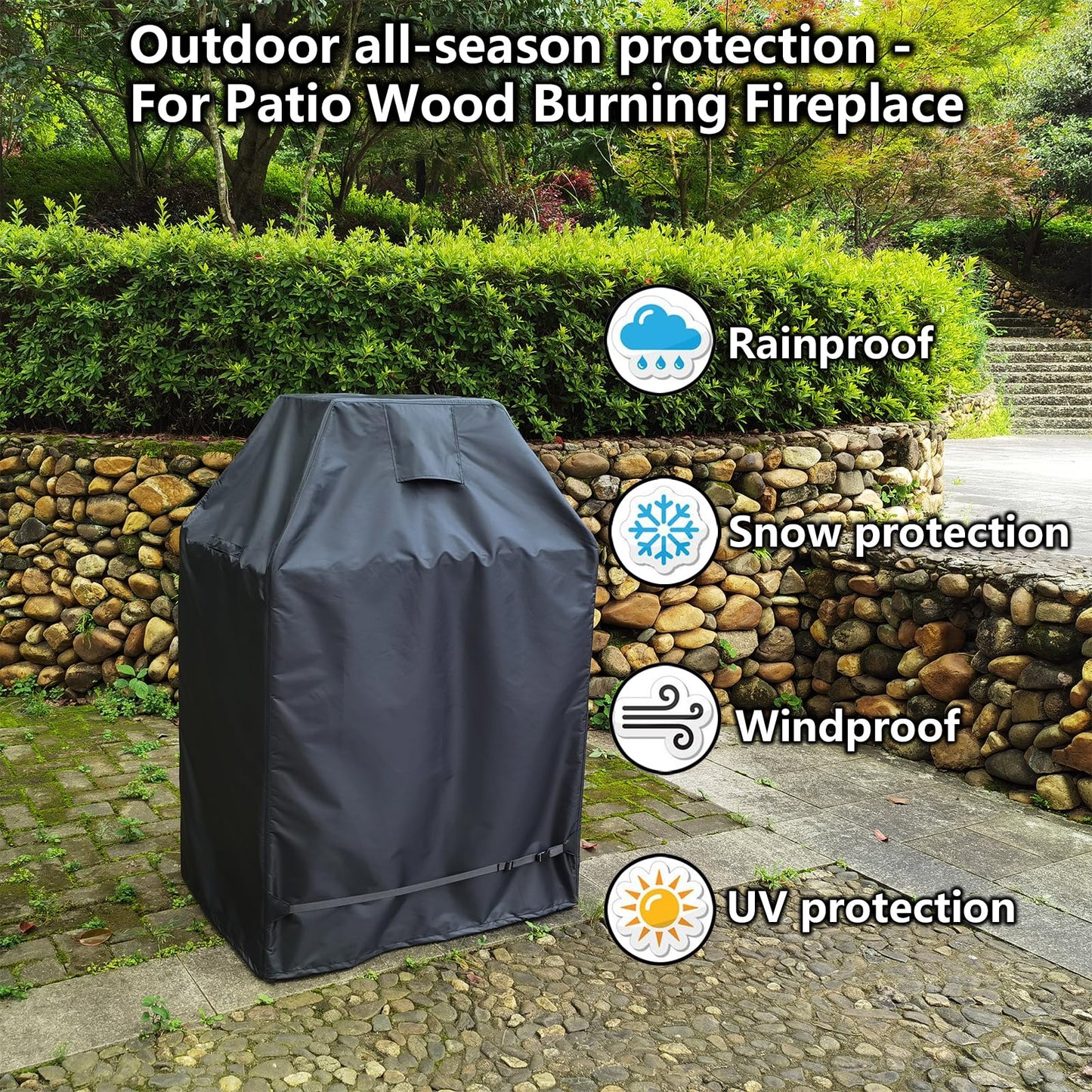 Outdoor Fireplace Cover 100% Waterproof Patio Wood Burning Fireplaces Rain Cover Weather-Proof / UV-proof/Full-coverage Rust-Proof Protection Chiminea Fire Pit Covers 37"W x 26"D x 56"H, Black