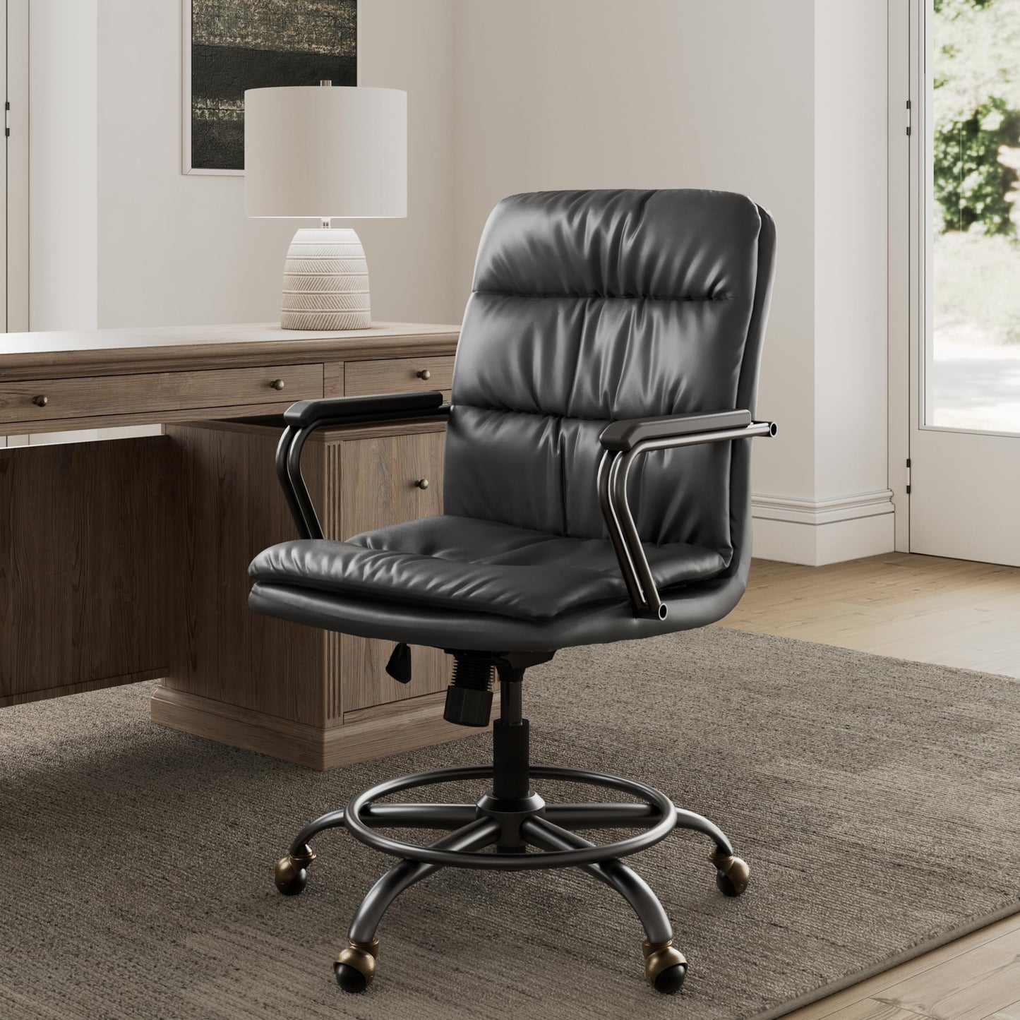 EUREKA ERGONOMIC Mid-Century Vintage Office Chair, Faux Leather Executive Desk Chair with Unique Ball Casters and Fixed Footrest Ring, Brown Retro Swivel Chair for Home Office and Study, Gray