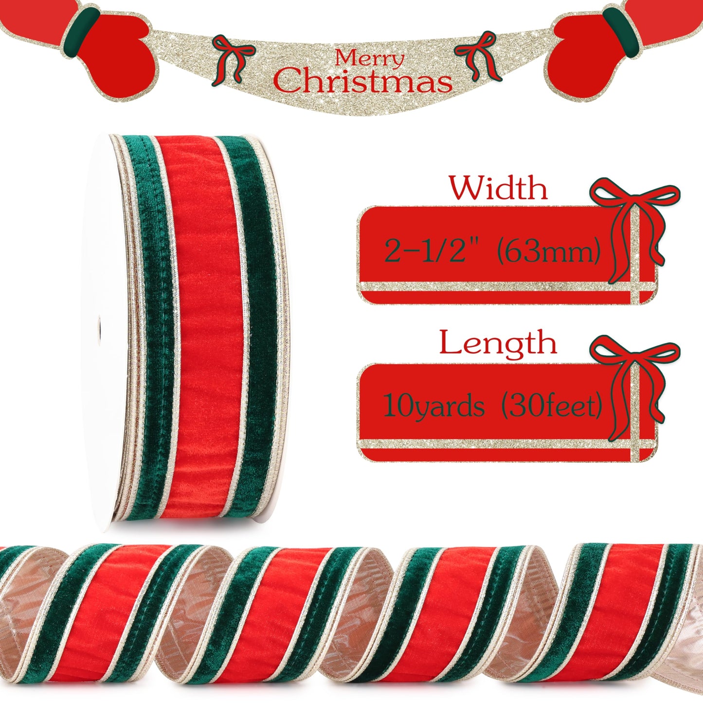 MAYREEL 2.5 Inch Christmas Velvet Ribbon with Wired Edge – Red & Green Double Color, 10 Yards Roll – Classic Holiday Craft, Wreath Supplies, Bows, Garlands, Gift Wrapping & Decoration