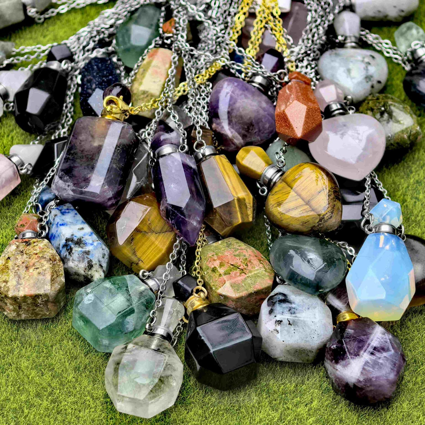 Crystal Quartz Perfume Bottle Pendant Necklace, Essential Oil Diffuser Vial jewelry, Reiki Healing Crystal accessories Gift for Women (golden chain/column,tiger's-eye)
