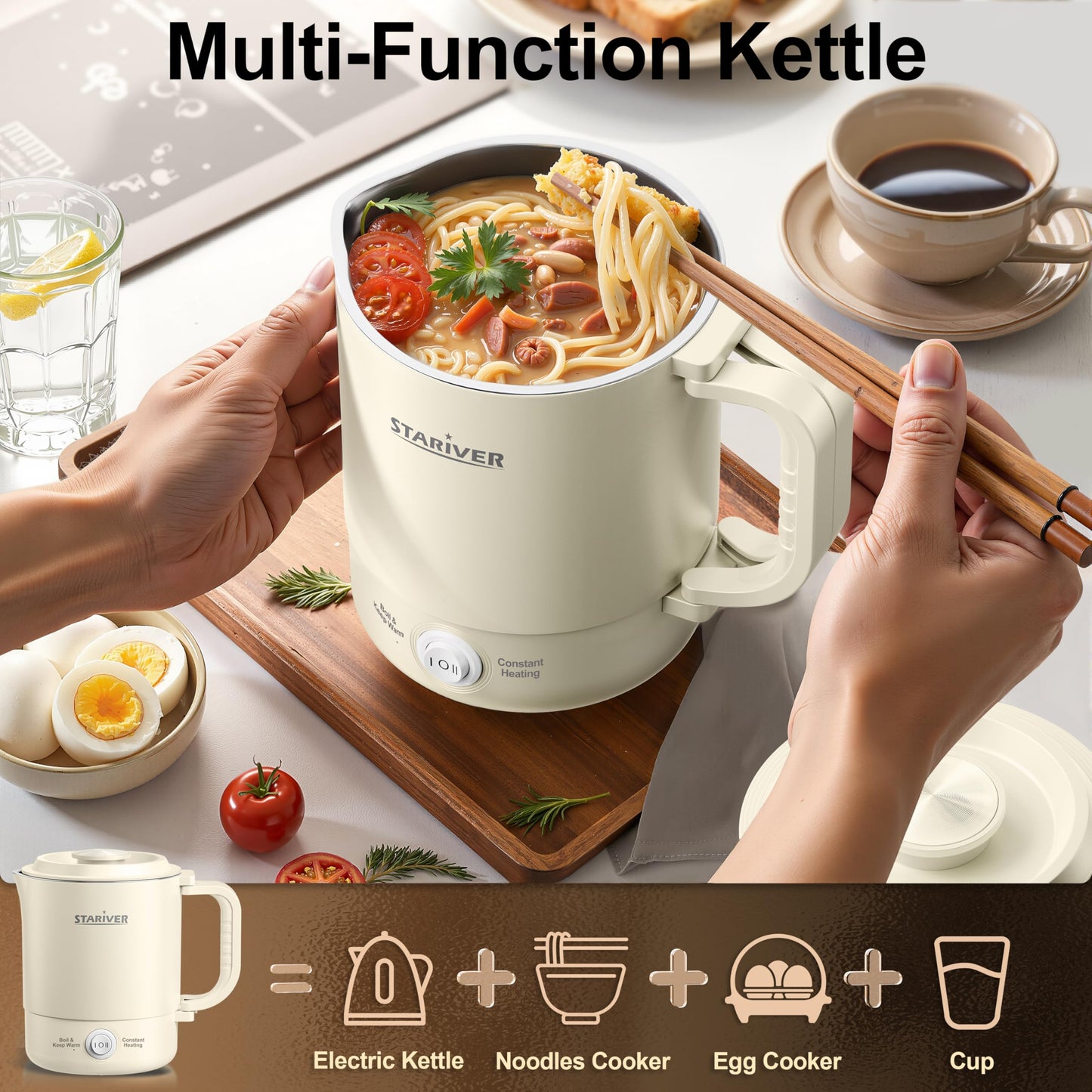 Stariver Portable Travel Kettle, 600ML Small Electric Kettle with Foldable Handle, Food Grade Stainless Steel Collapsible Water Boiler with Dual Modes, Compact for RV, Business Trip, Camping, Beige