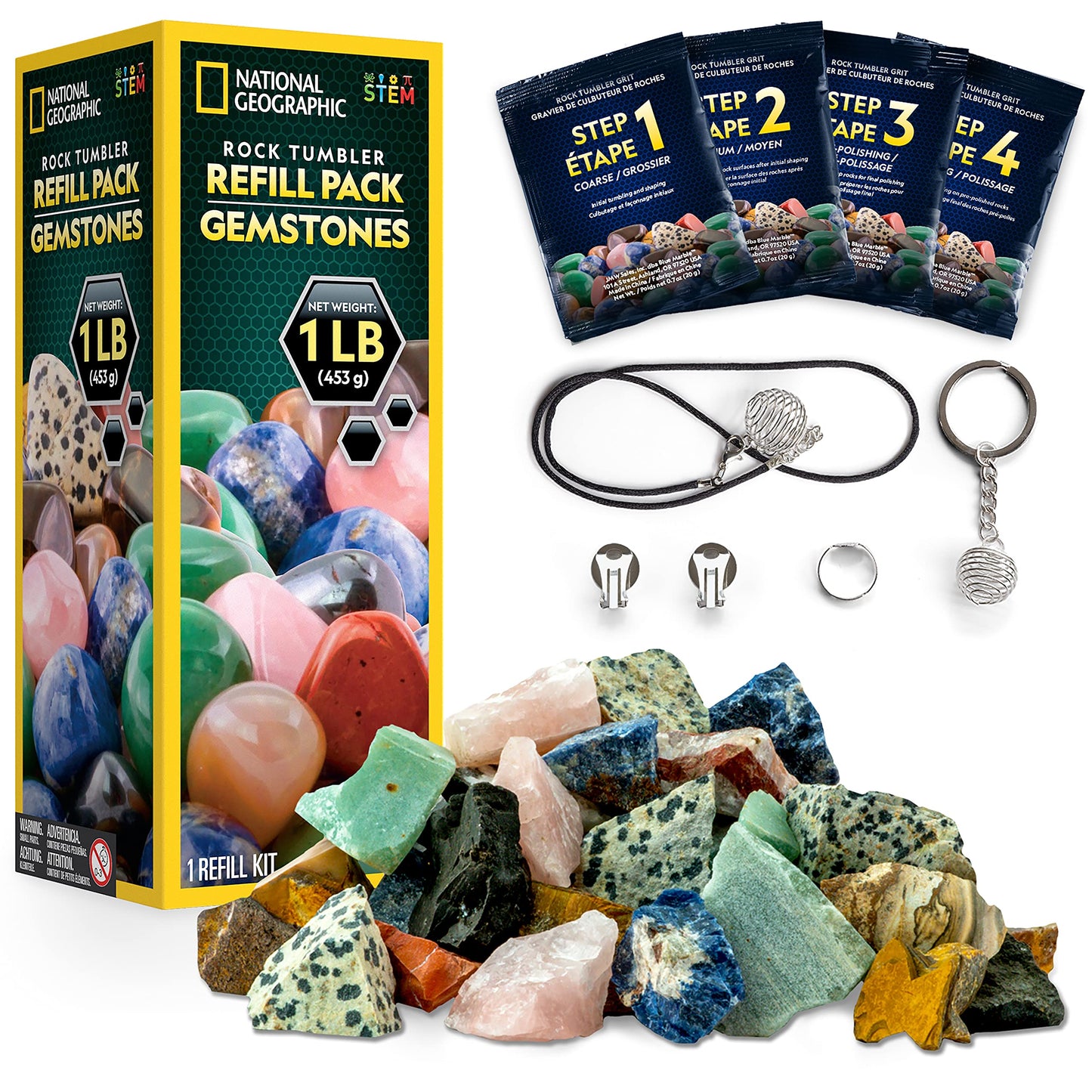 NATIONAL GEOGRAPHIC Rock Tumbler Refill Kit - 1 Lb. Gemstone Mix of 9 Varieties including Tiger's Eye, Amethyst and Quartz - Comes with 4 grades of Polishing Grit, Jewelry Fastenings, Learning Guide