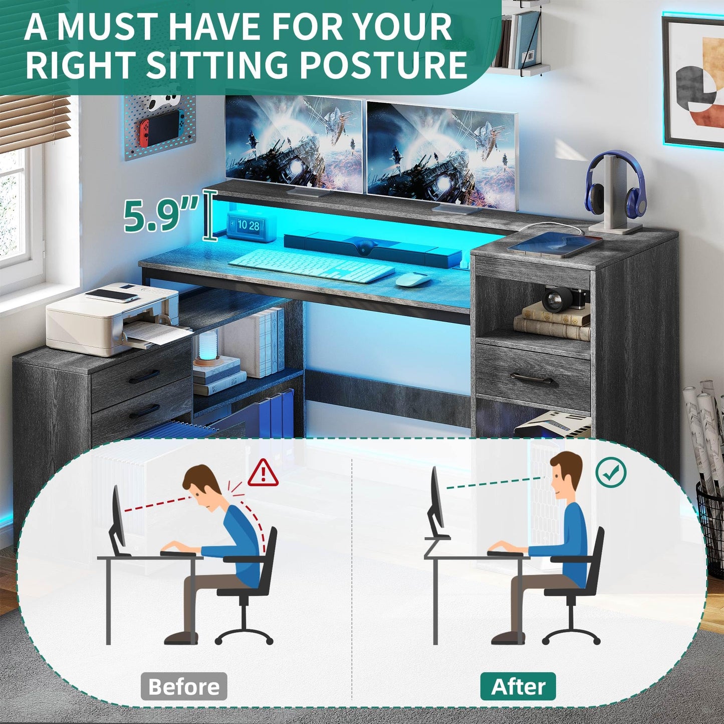 YITAHOME L Shaped Desk with Drawers, 59" Corner Computer Desk with Power Outlets & LED Lights, Farmhouse Wood L-Shaped Desk with File Cabinet, Printer Stand, Host Stand for Home Office, Grey
