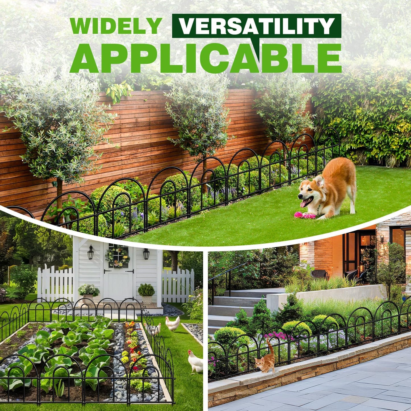 Decorative Garden Fence, 21.67ft(L) x 17in(H) Metal Fencing, 20 Pack, Black, Classic Style, Animal Barrier, Garden Border