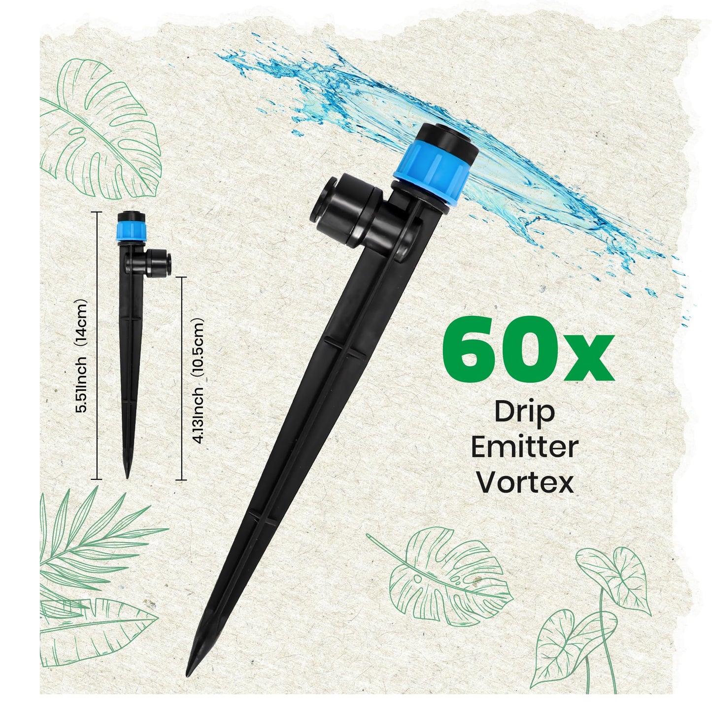 MIXC 60pcs Quick-Connect Drip Irrigation Emitters Fan Shape for 1/4" Drip Irrigation Tubing - Adjustable Push-to-Connect 360° Drip Emitters Vortex on 6" Sturdy Stake for Irrigation System