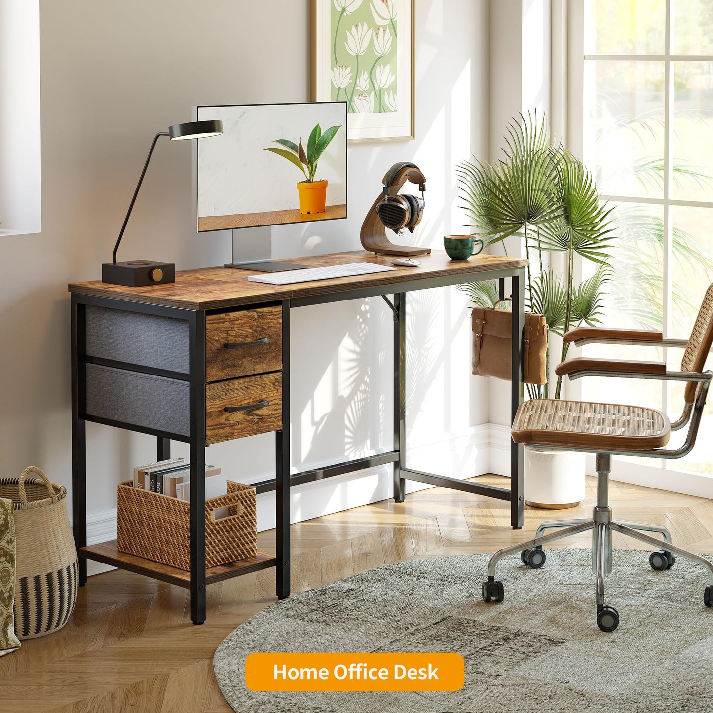 Cubiker Computer Home Office Desk with Drawers, 47 Inch Small Desk Study Writing Table, Modern Simple PC Desk, Vintage Brown