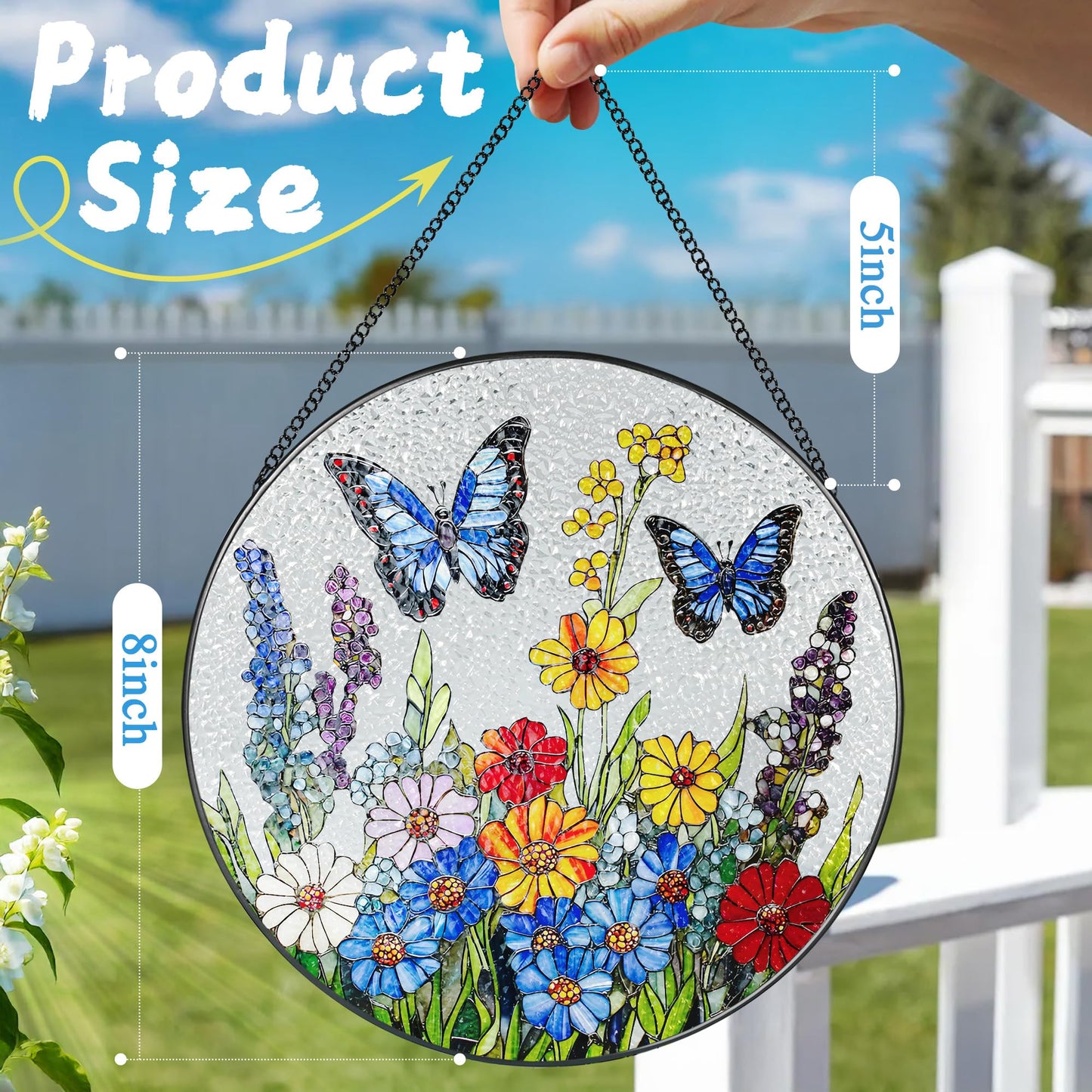 Stained Glass Window Hanging, 8 Inch Stained Glass Suncatcher Ornament, Suncatchers for Windows Hanging, Window Decor, Gift for Mothers Day, Butterfly Lover Gifts, Flower Lover Gifts