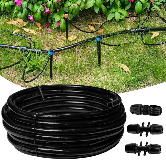 50 FT 1/2 Inch Drip Irrigation Tubing Main Drip Line Hose Tube for Garden Watering Landscape Irrigation System (Includes 2 Pack 6-Way Connector and 1/2" Straight Connector)
