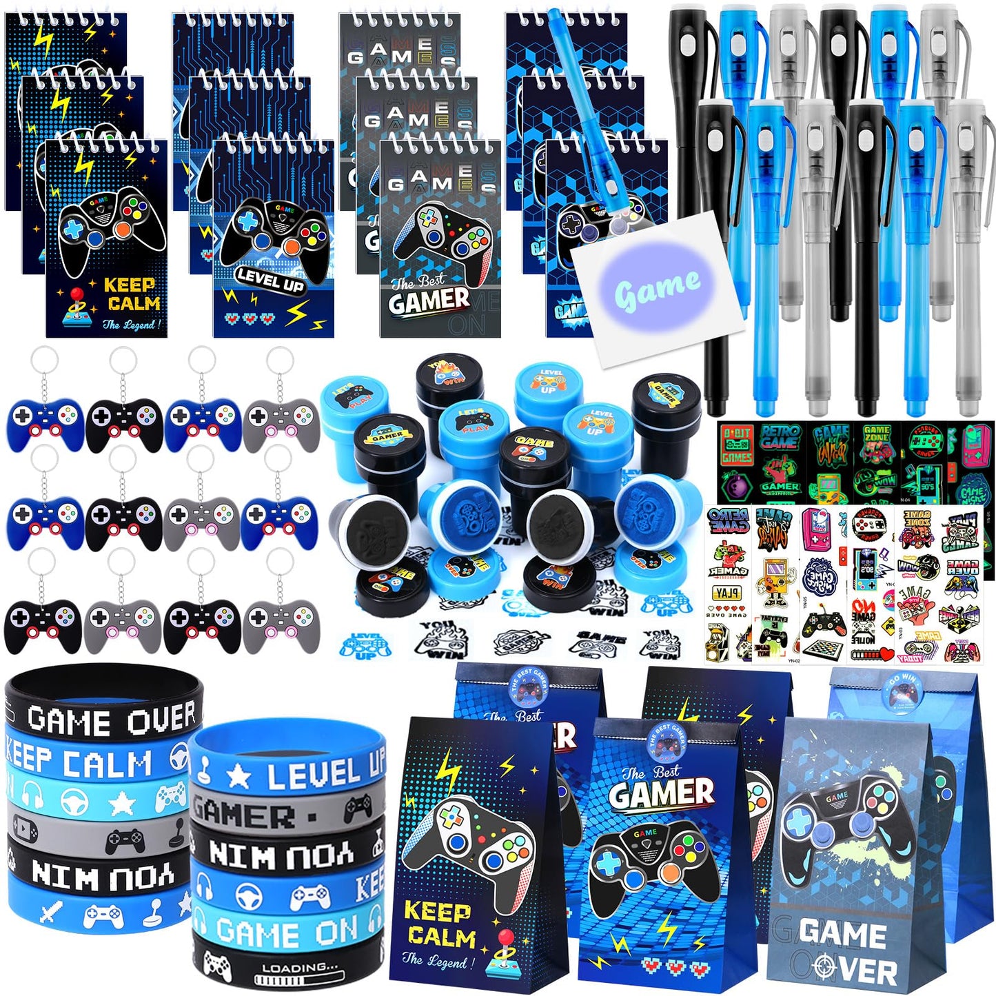 Mishopy 84Pcs Video Game Party Favors Birthday Supplies Kids Boys Invisible Ink Pen Notebook Silicone Bracelet Stamper Tattoo Sticker Gaming Toy Gift Bag Goodie Bag Stuffers Gamer Party Favors