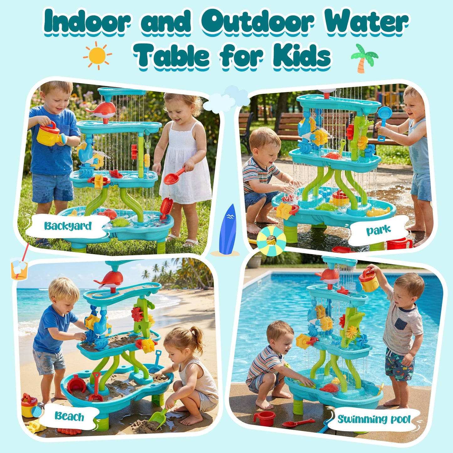 Eterfun 4 -Tier Kids Sand and Water Table for Toddlers - Outdoor Water Sand Play Table Toys for Boys Girls, Summer Splash Activity Sensory Table Party Birthday Gift for Kids 3-5 6-12