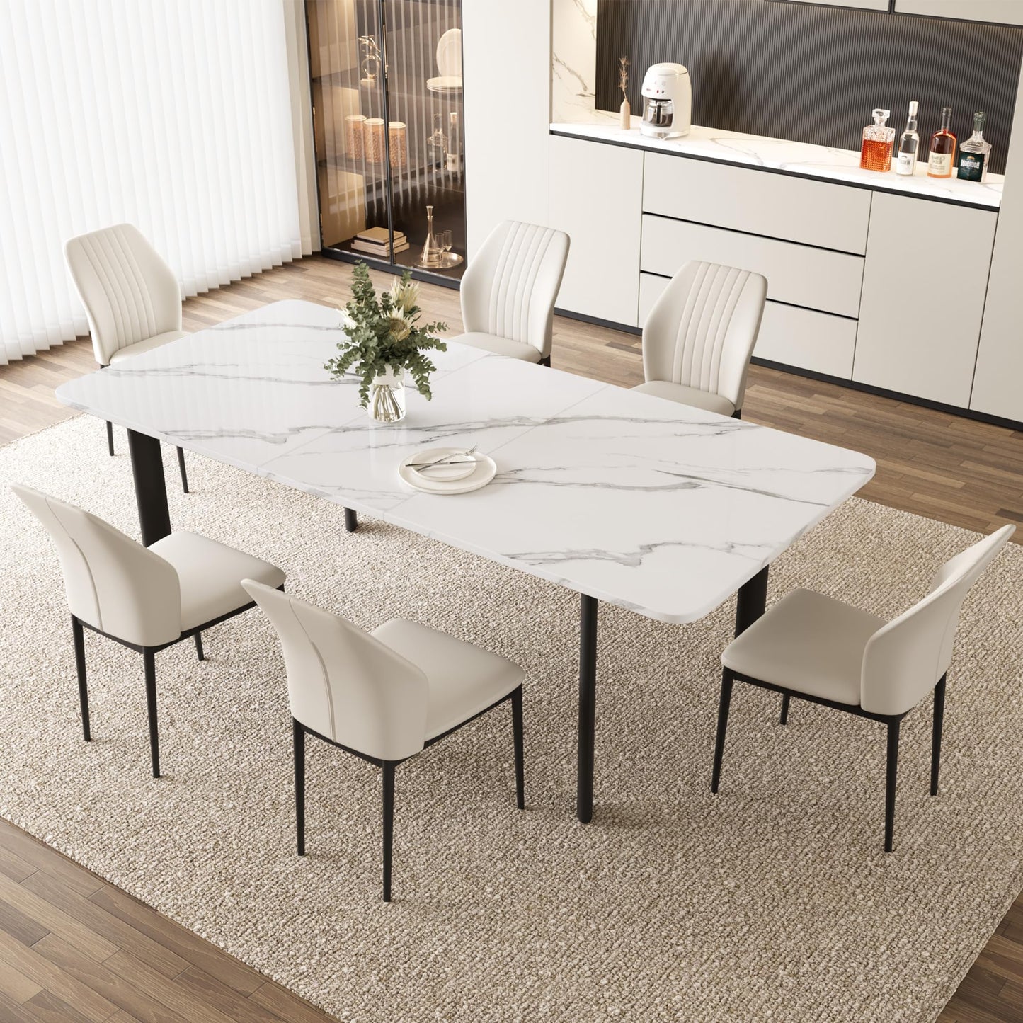 HIPIHOM Extendable Dining Table Set for 6-8 People, 63 to 78.7 Inch MDF Kitchen Table with 6 Upholstered Chairs, Space-Saving for Dining Room, Breakfast Nook(White Table & 6 White Chairs)