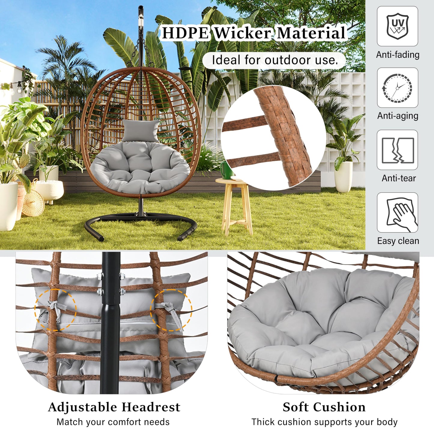 GDFStudio Hammock Chair with Stand, Rattan Wicker Hanging Egg Chair with Cushion & Headrest, Iron Frame Folding Patio Hammock Swing Chair for Indoor Outdoor Balcony Porch Garden, 330 lbs, Brown+Gray