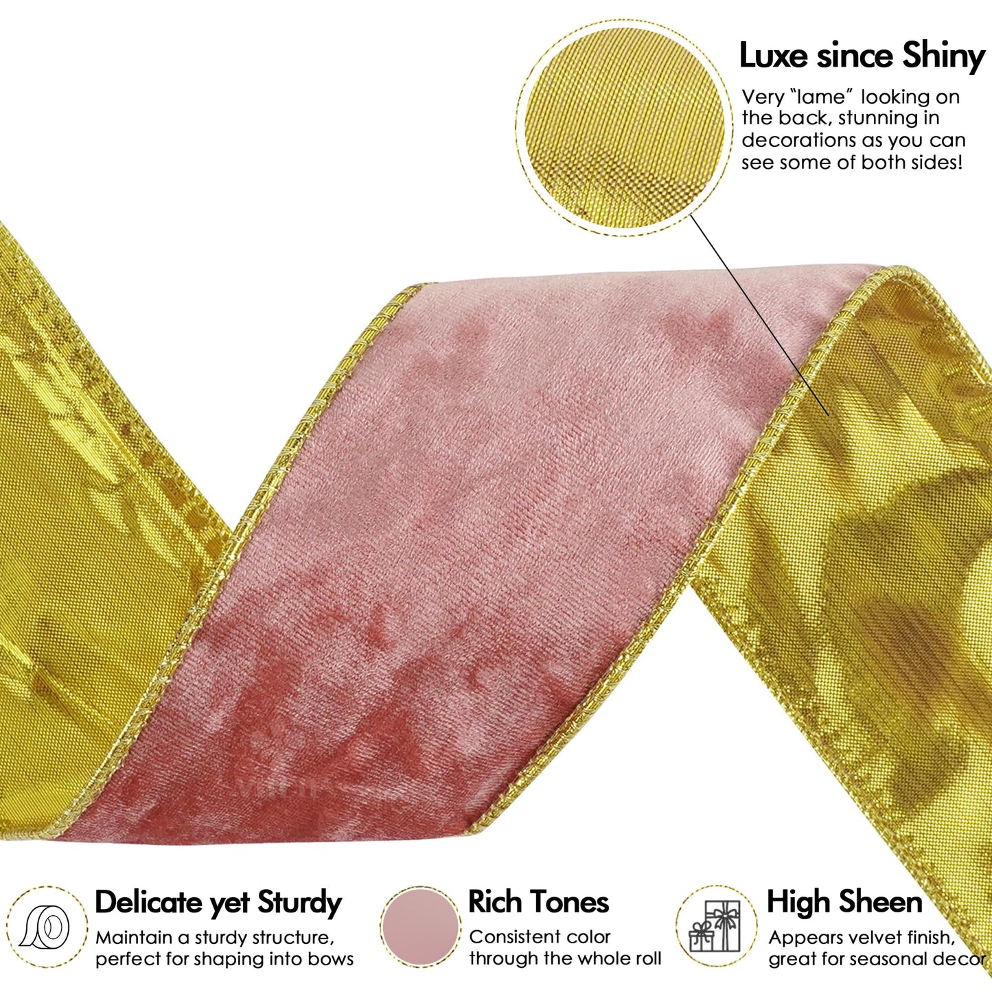 MEEDEE Pink and Gold Velvet Ribbon 2.5 inch Thick Velvet Wired Edge 10 Yards Two Tone Ribbon for Christmas Tree, Gift Wrapping, Wreaths, Large Bows, Crafts Supply