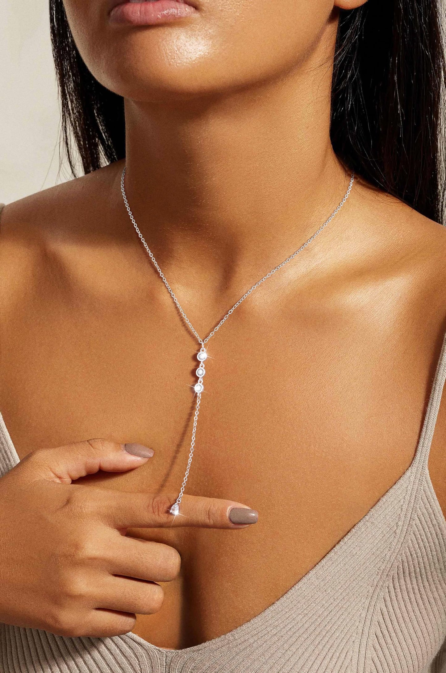 JIKASI Silver Long Necklaces for Women, Dainty Long Necklace 14k Gold Silver Plated Y-Shaped Body Chain Pendant Necklaces Trendy CZ Drop Beaded Chain Wedding Jewelry Gifts