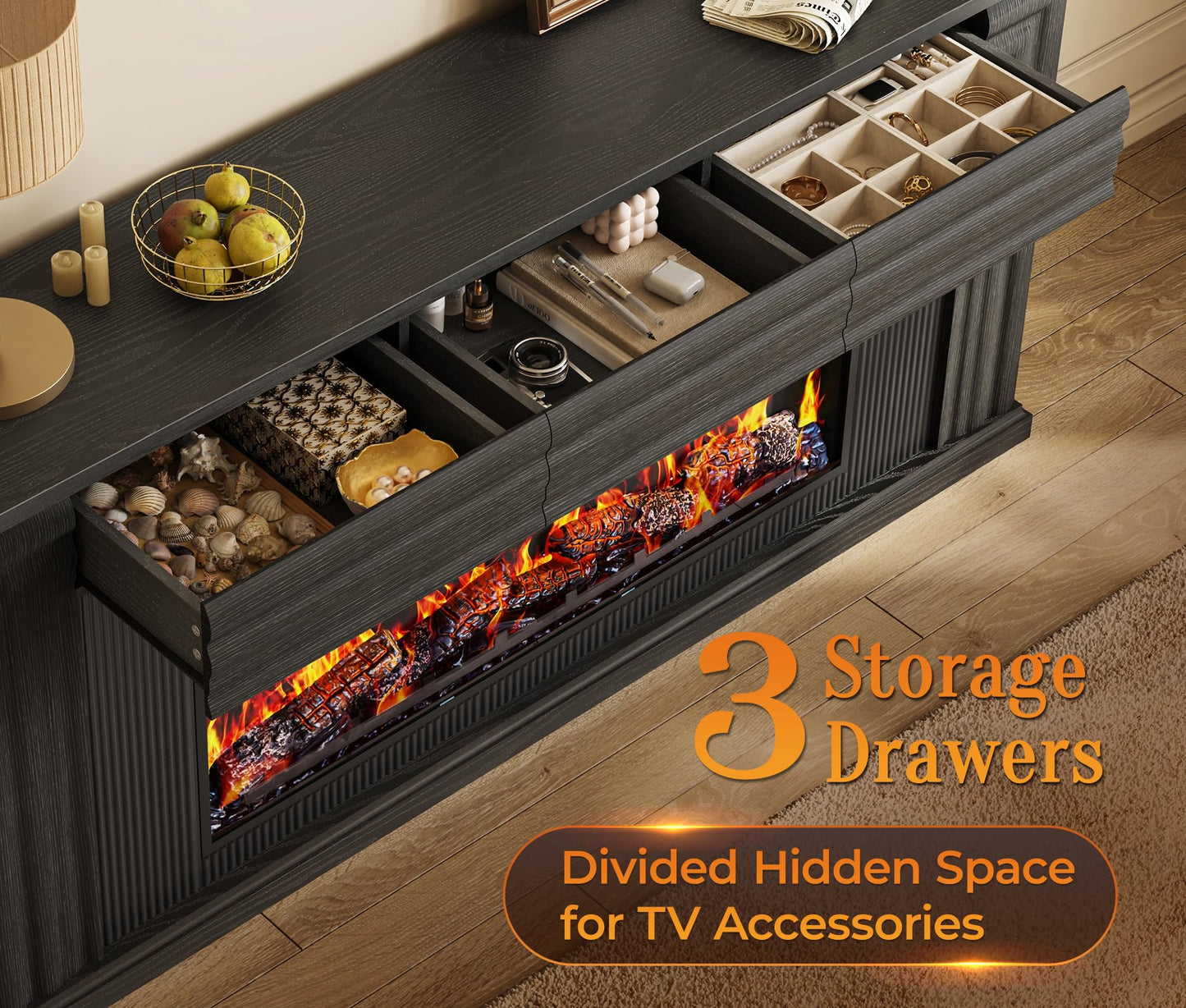 PRAISUN 70'' Fireplace TV Stand with 42'' Electric Fireplace, Farmhouse TV Stand for 65 75 Inch TV, Entertainment Center TV Console with 3 Drawers, Fluted Design, for Living Room, Black
