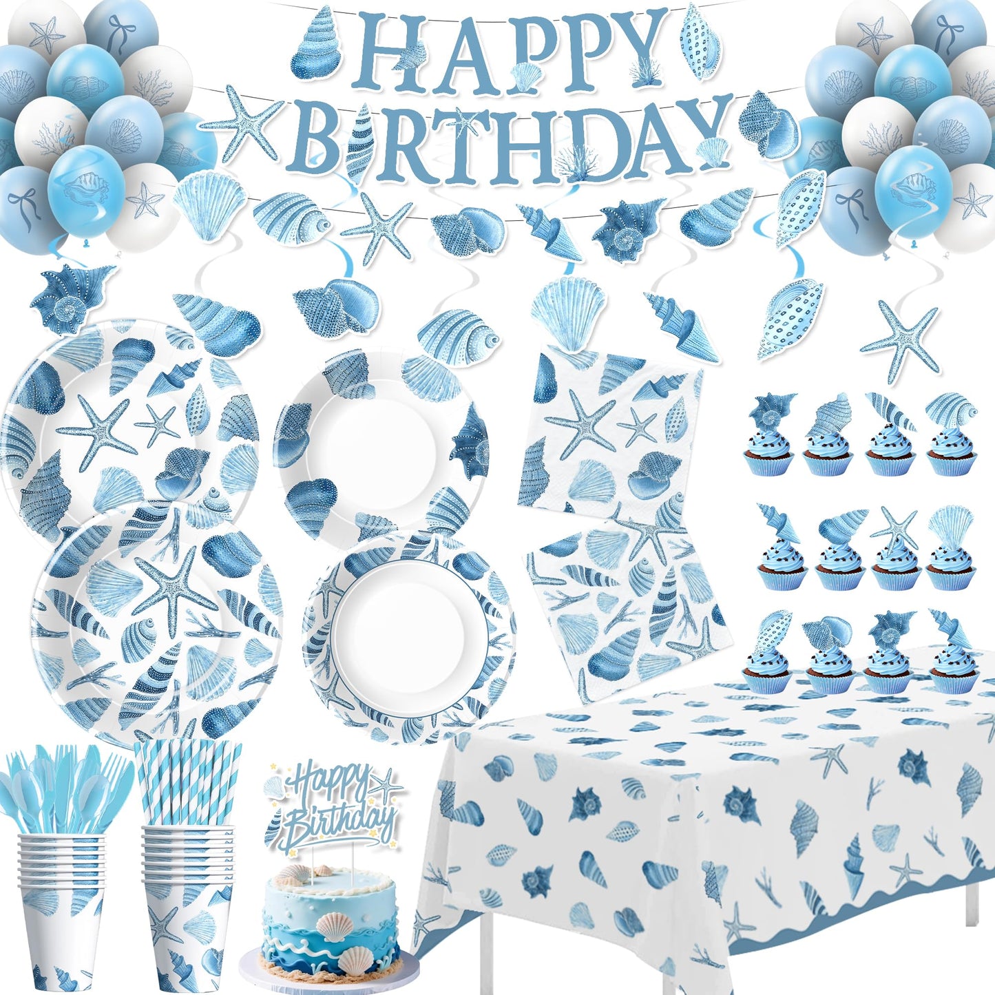 FVABO Ocean Seashell Birthday Decorations, Blue Sea Shell Party Supplies for Beach Summer Pretty Birthday Baby Shower, Plate, Cup, Napkin, Tablecloth, Banner, Balloon, Swirl, Topper, Cutlery, Serve 24