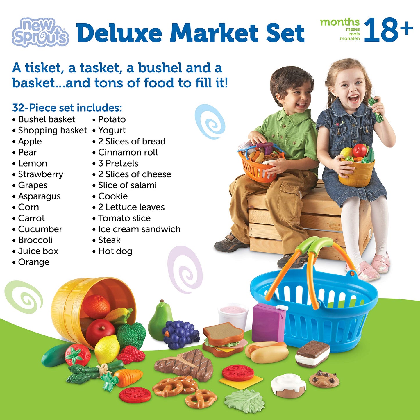Learning Resources New Sprouts Deluxe Market Set - Pretend Play Kitchen, Fruit Basket, Toddler Outdoor Play Food Toys, Kids Playset, Shopping Basket, Fine Motor Skills, Montessori Sensory Cooking