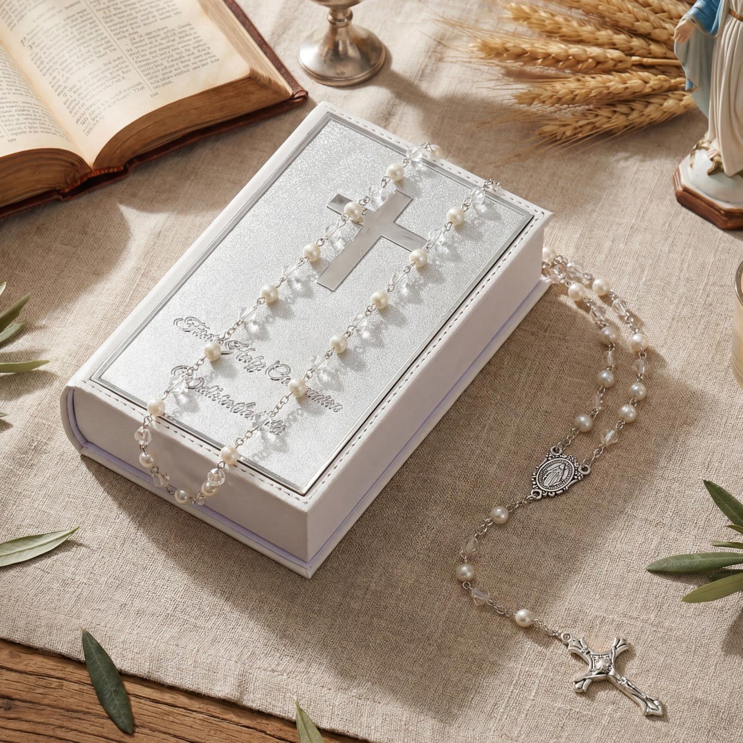 Liliaafar First Communion Rosary Beads Necklace Gifts with Engraved Keepsake Gift Box 20.5 Inch Stainless Steel Glass Beads Catholic Rosary with Cross for First Holy Communion