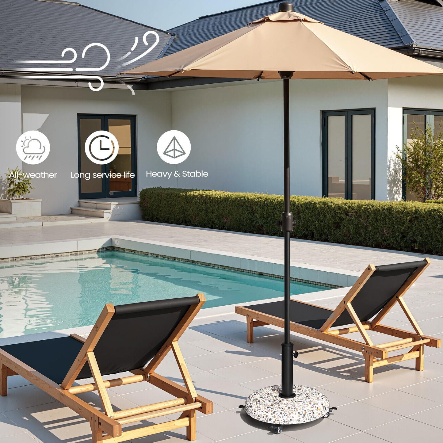 VredHom 45lbs Patio Umbrella Base with 4 Wheels, Round Cobblestone Concrete Stand, Heavy Duty Market Umbrella Stand for Outdoor