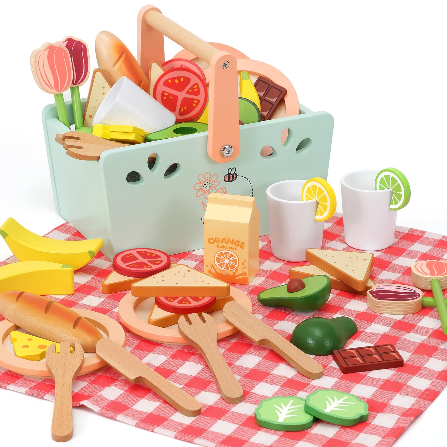 KizKnows Wooden Toy Picnic Playset, 31 Pcs Wooden Play Food Sets Sandwich Stacking Toys for Kids Pretend Play Cutting Food Toys Toddlers Play Kitchen Accessories Gift for Girls Boys Age 3+