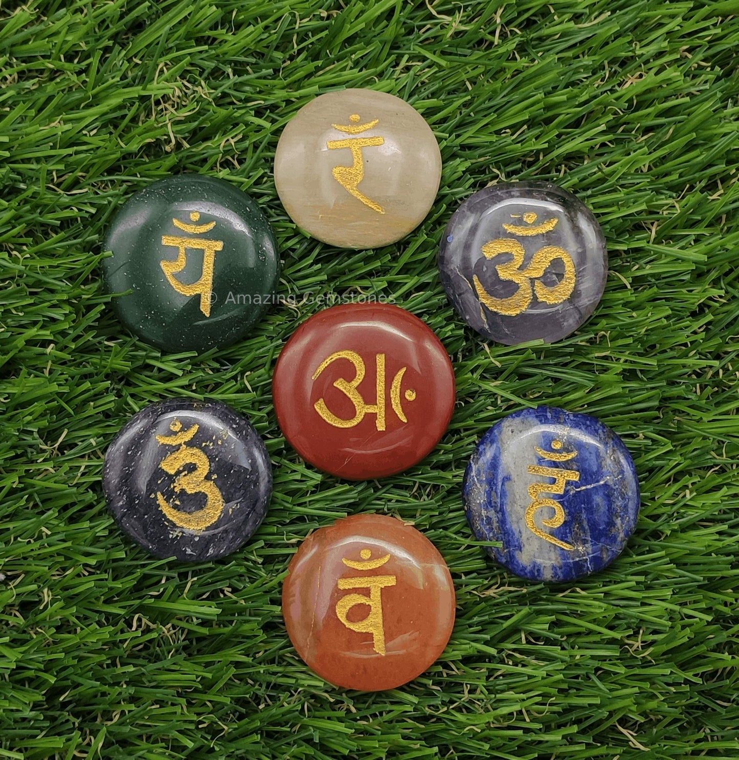 Amazing Gemstone 7 Chakra Disc Set Reiki Healing Crystal with Engraved Chakra OM Symbols Holistic Balancing Polished Palm Stones Set with Velvet Pouch