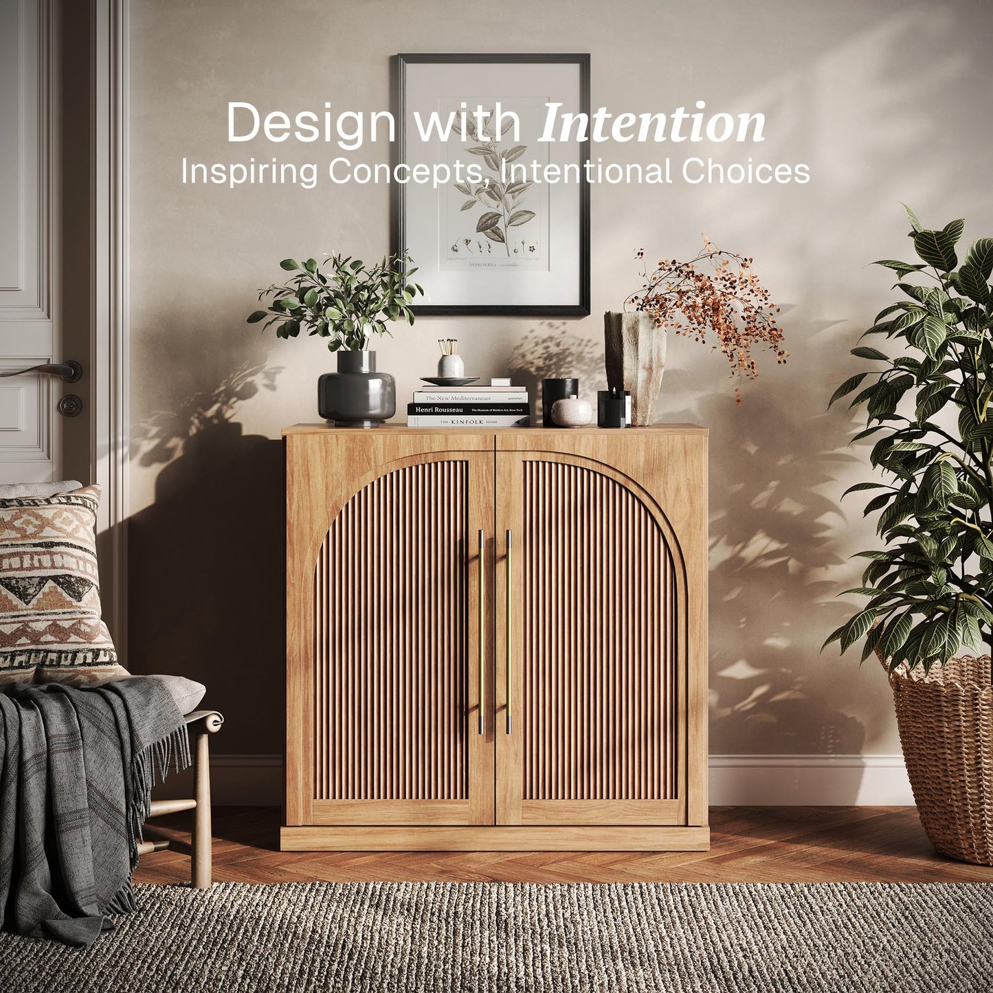 BELLEZE Modular Sideboard with Double-Arc Wood Doors, Small Arched Buffet Cabinet with Storage and Adjustable Shelves, Classic Modern Credenza for Dining Room, Living Room, or Entryway(Camel)