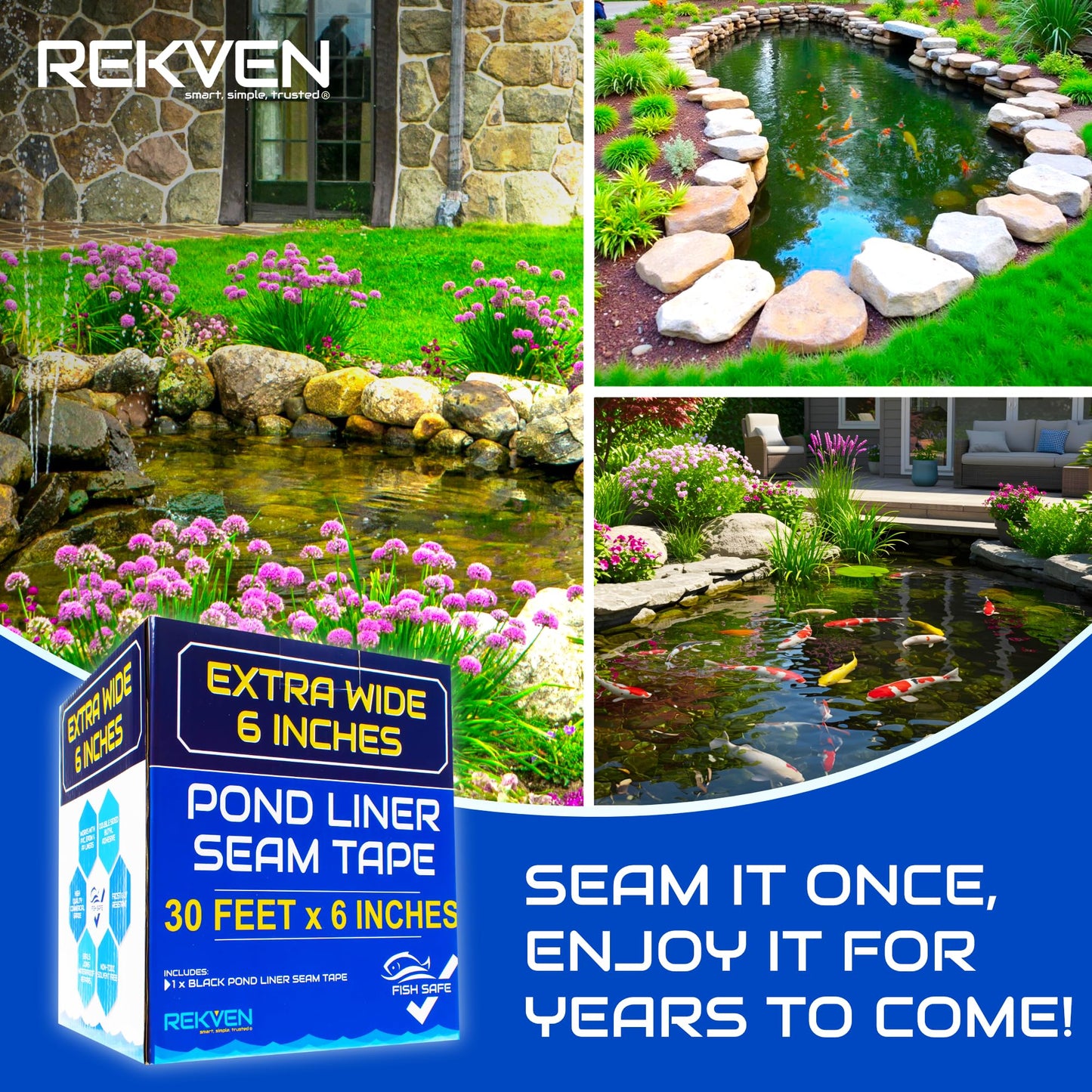 Pond Liner Seam Tape - 30 Feet x 6 Inch - Double Sided Butyl Tape - Bond Seal or Repair EPDM PVC HDPE LDPE RPE LLDPE - Perfect for Small or Large Fish and Koi Ponds Waterfalls and Water Features