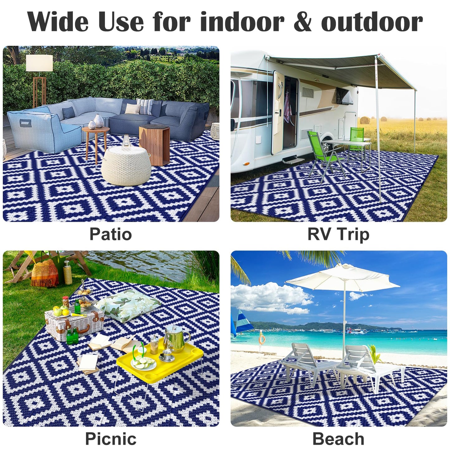 Mattitude Waterproof Outdoor Rug 6x9 Ft Outdoor Plastic Straw Rug Reversible Patio Rug Large Outdoor Carpet Area Rug for Patio Backyard Picnic Beach Camping RV Blue
