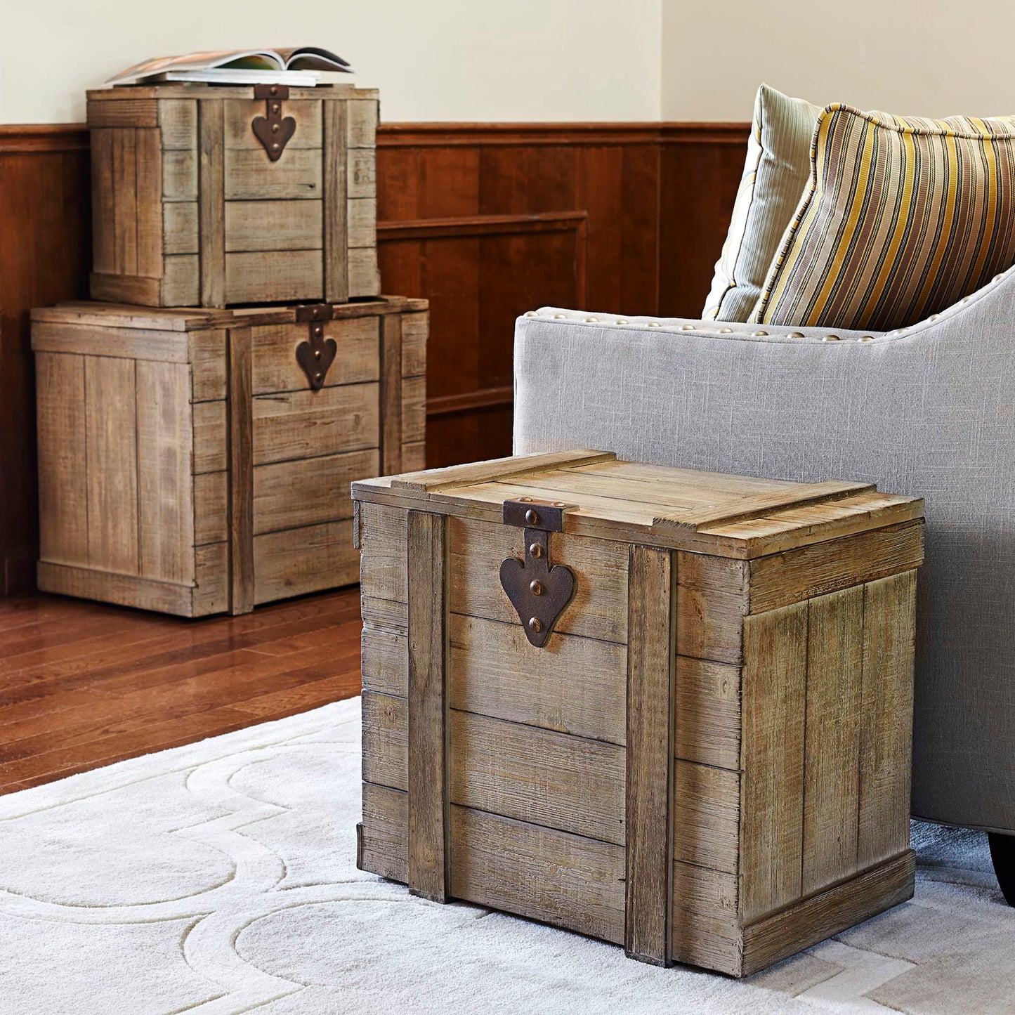 Household Essentials Antiqued Decorative Trunk, Large, Chinese Fir Panel and MDF, Smooth Backing and Metal Hinge Accent, Flat Top and Stay-Open Lid