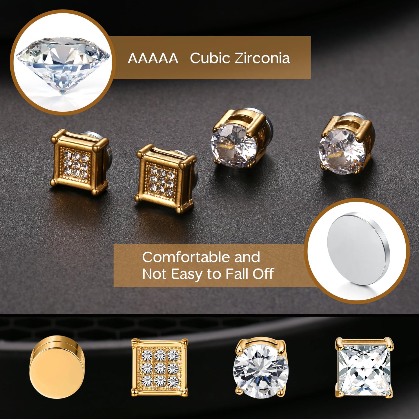 Jstyle 4 Pairs Stainless Steel Magnetic Stud Earrings for Men Women Gold CZ Non-Piercing Clip On Stud Earrings Set 8 MM