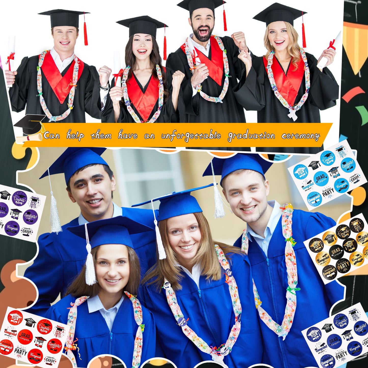 Mikasee 110 Pcs Graduation Candy Lei Making Kit 50 Graduation Candy Lei Tubing Lei Bags with 50 Sheet Stickers 10 Rolls Ribbon for School Graduation Wreaths