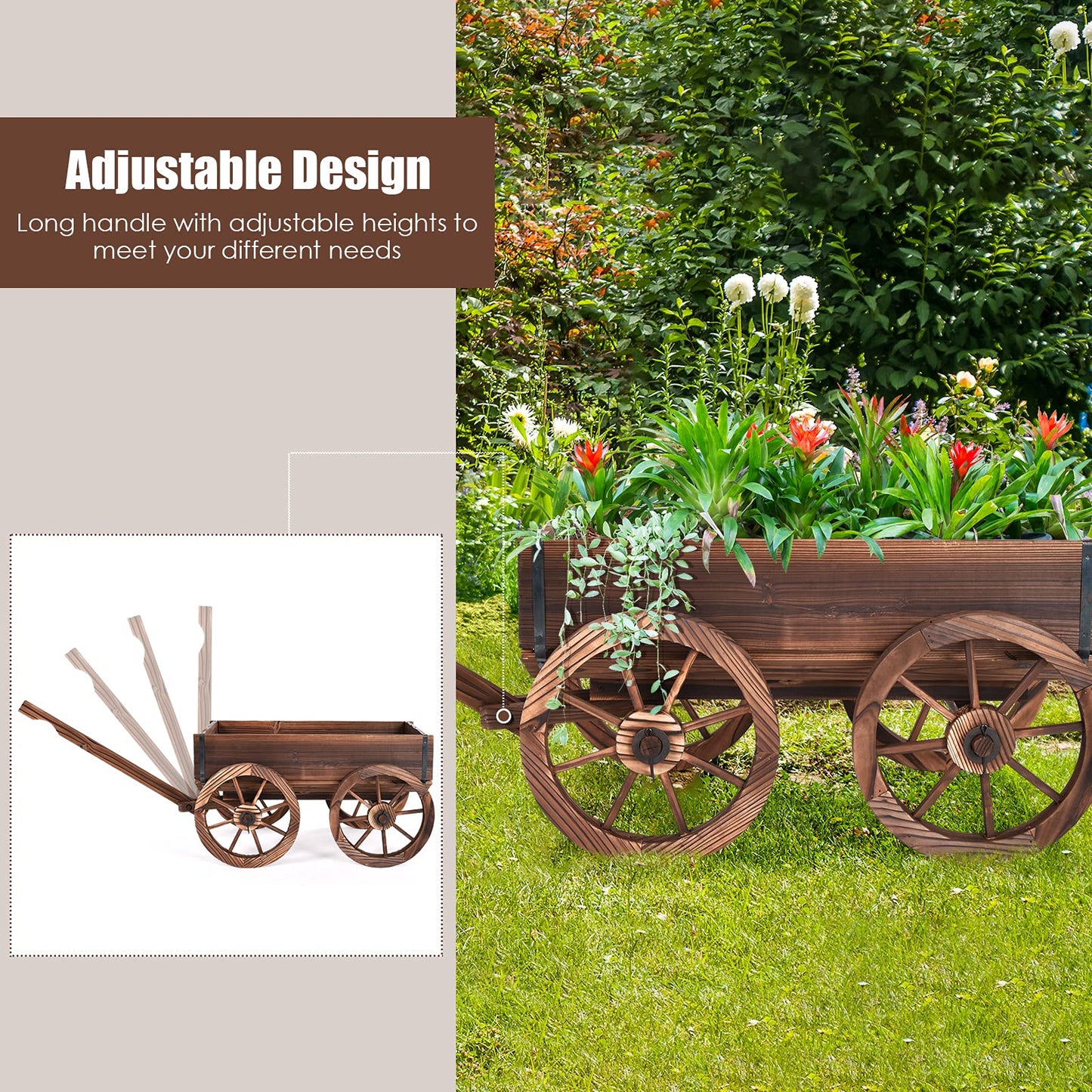 S AFSTAR Wooden Wagon, Wood Flower Planter Pot Stand with 4 Wheels & Drainage Holes, Amish Wagon Planter, Rolling Pot Stand Wood Wagon for Outdoor Plants Garden Decorative Garden Planter, Brown
