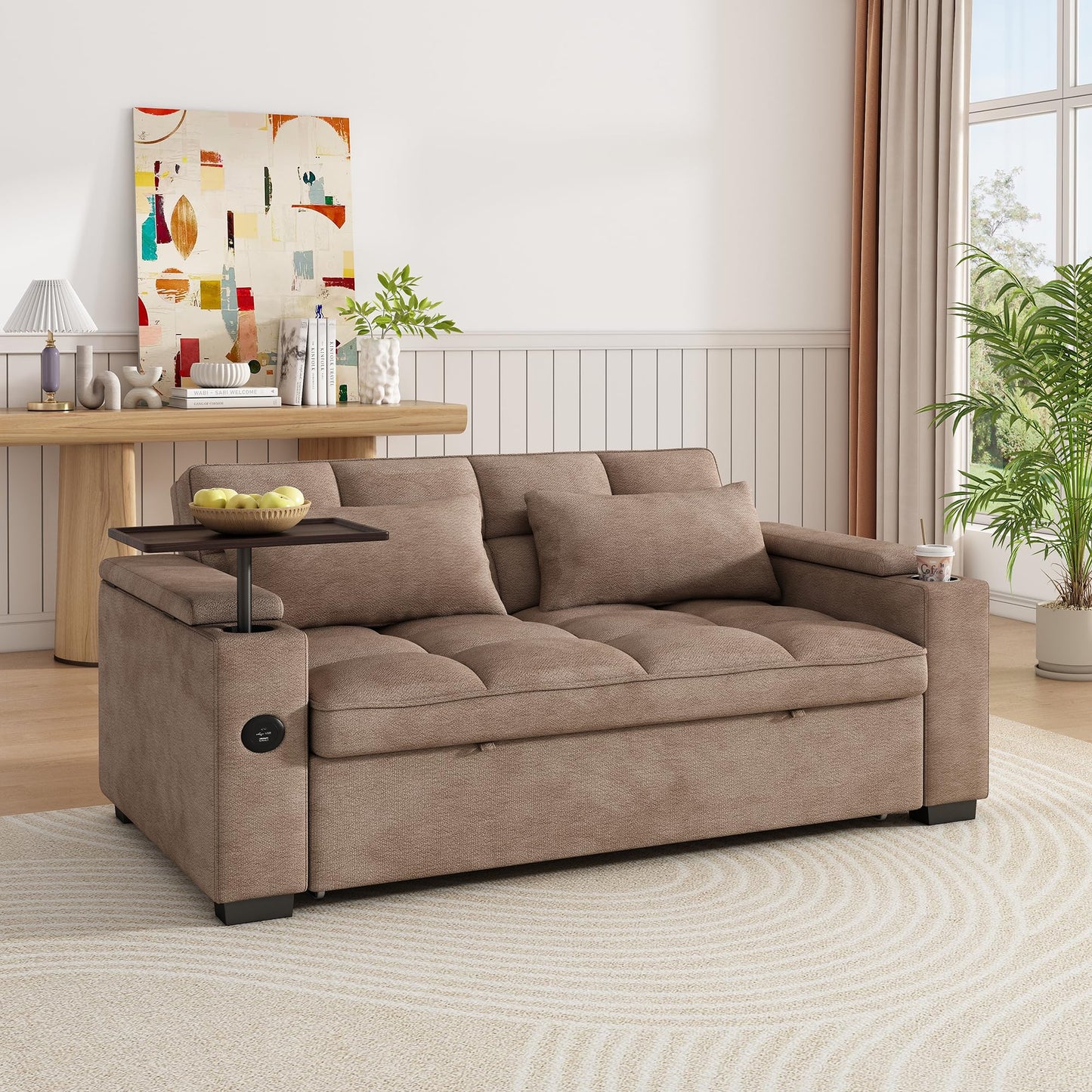 KEIKI 65" 3-in-1 Convertible Sofa Bed, Compact Sleeper Couch with Pull-Out Design, Rotating Side Table, USB Charging Ports & Storage Armrests for Guest Room & Small Spaces