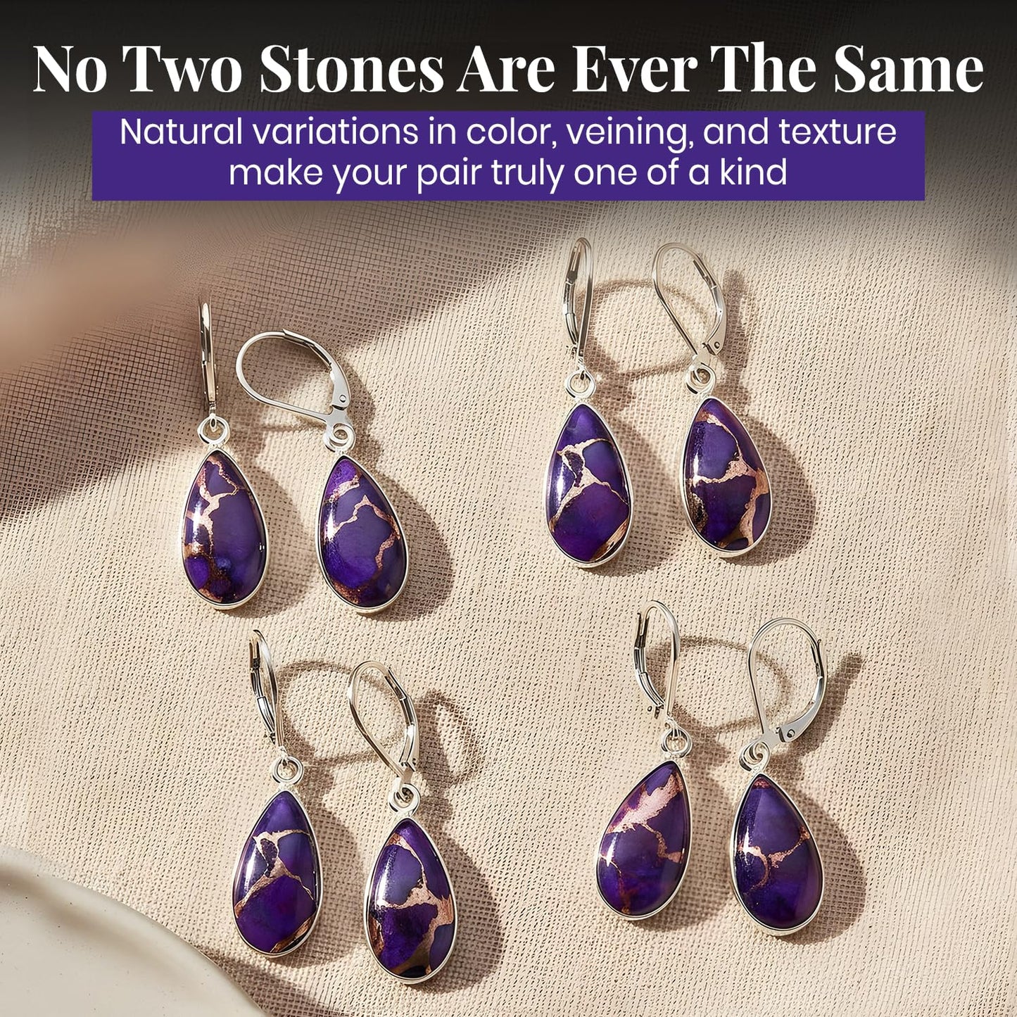 TISHAVI Natural Purple Copper Turquoise Earrings for Women - Purple Stone December Birthstone Sterling Silver Plated Jewelry