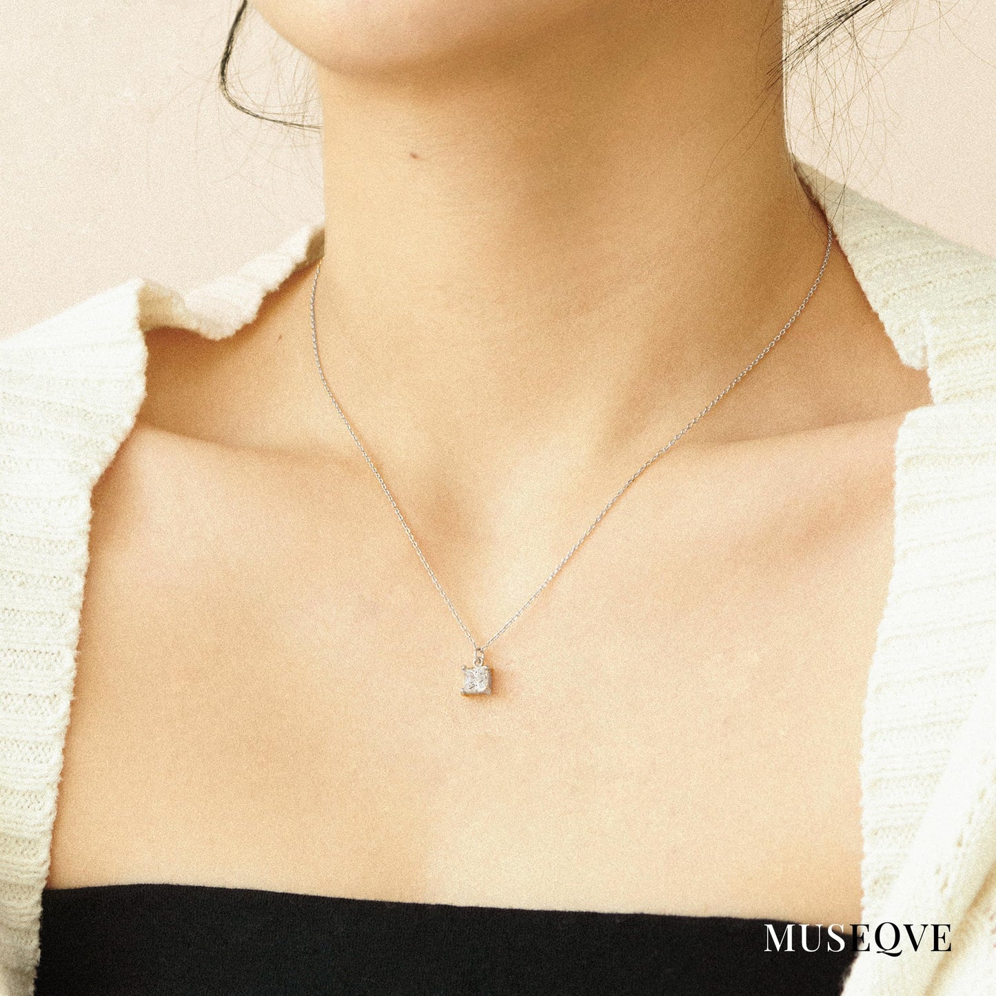 14K Gold Plated CZ Solitaire Necklace for Women • Princess Cut Square Rectangle Rhombus Cubic Zirconia Diamond Pendant Jewelry • Tarnish Free Adjustable Chain [CZN] (Rose Gift Box, Princess-Silver)