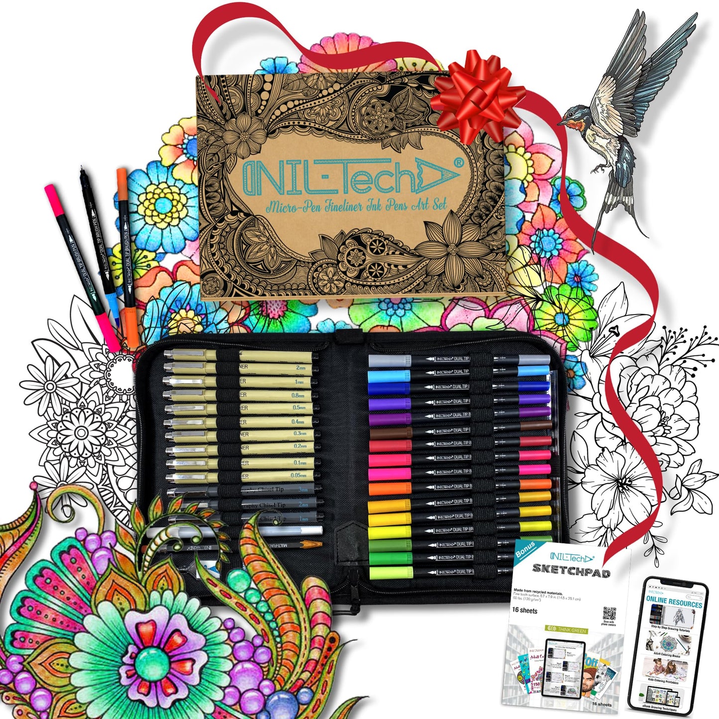 NIL - TECH Professional Artist Drawing Pens Set (36 Pcs) - 16 Dual Brush Markers, 10 Archival Fineliners, 3 Calligraphy Pens, White Gel Pen & Sketchbook - Waterproof Ink for Sketching & Lettering