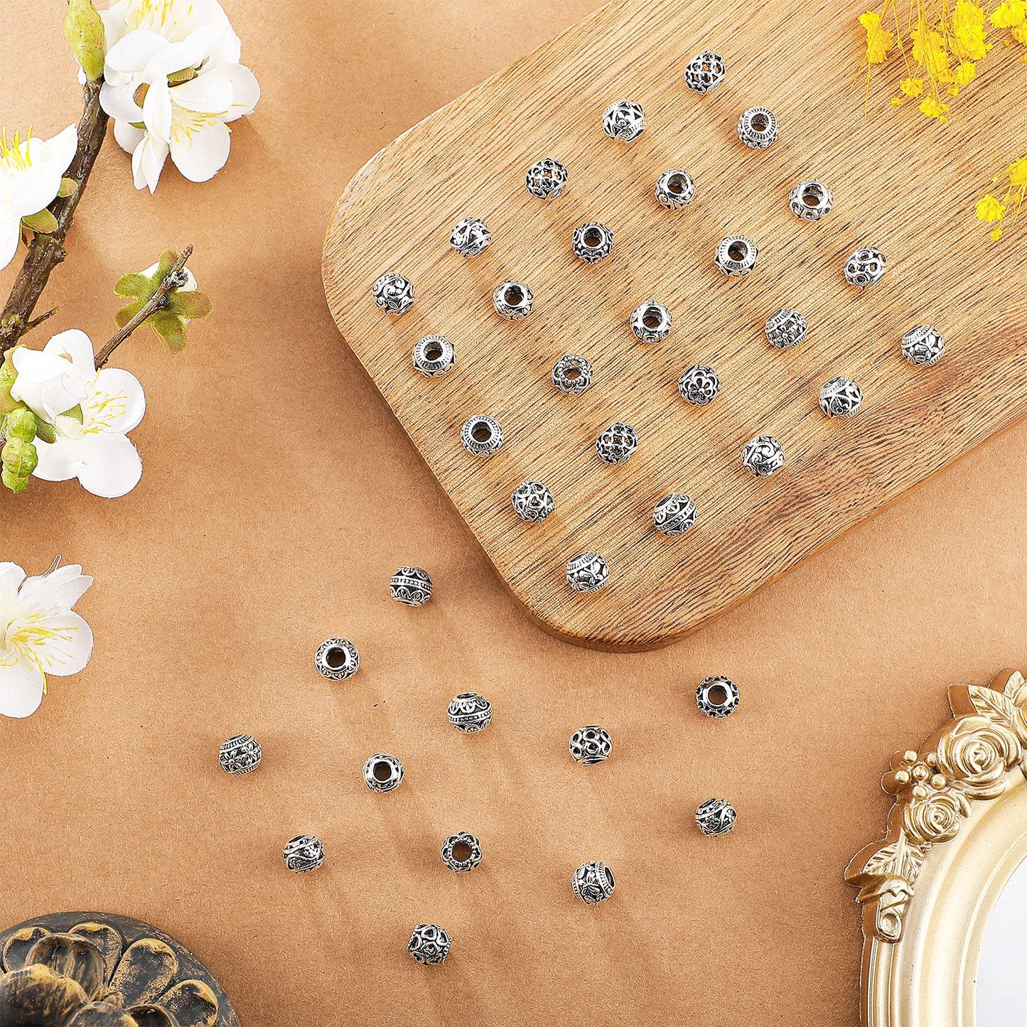 Hicarer 60 Pieces Silver Tone Spacer Loose Beads Hollow Filigree Tibetan Alloy Beads Spacer 10 mm Tiny Metal for Life Design DIY Jewelry Craft Making Necklace Bracelet Supplies