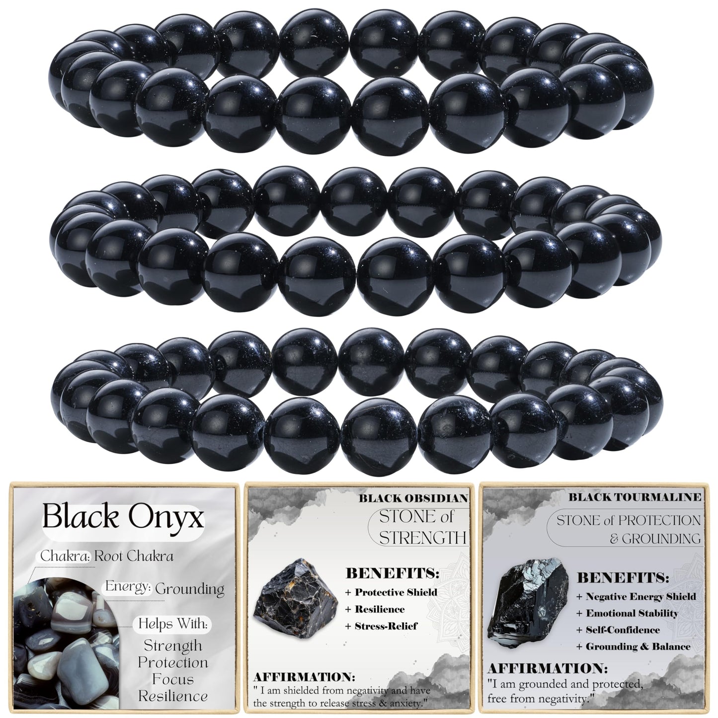 Bivei 3-Piece 8mm Beaded Bracelets for Women – Black Onyx, Black Obsidian, Black Tourmaline – Handmade Natural Crystal Stretch Elastic Jewelry for Meditation, Yoga, Protection Gifts