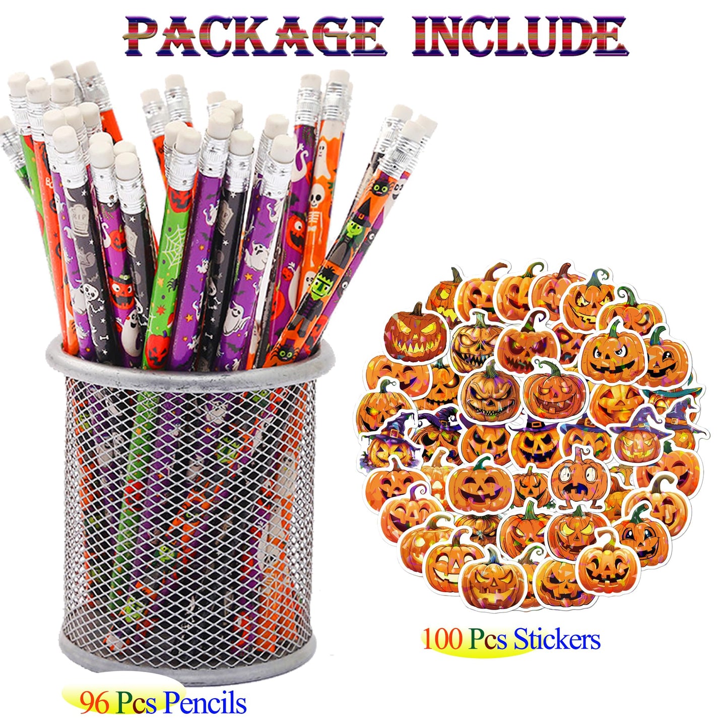 Halloween Pencils and Stickers Bulk Set – 96 Halloween Pencils with Erasers, 6 Spooky Designs + 100 Pumpkin Stickers – Trick or Treat Goodie Bag Fillers, Classroom Prizes, Party Favors Supplies