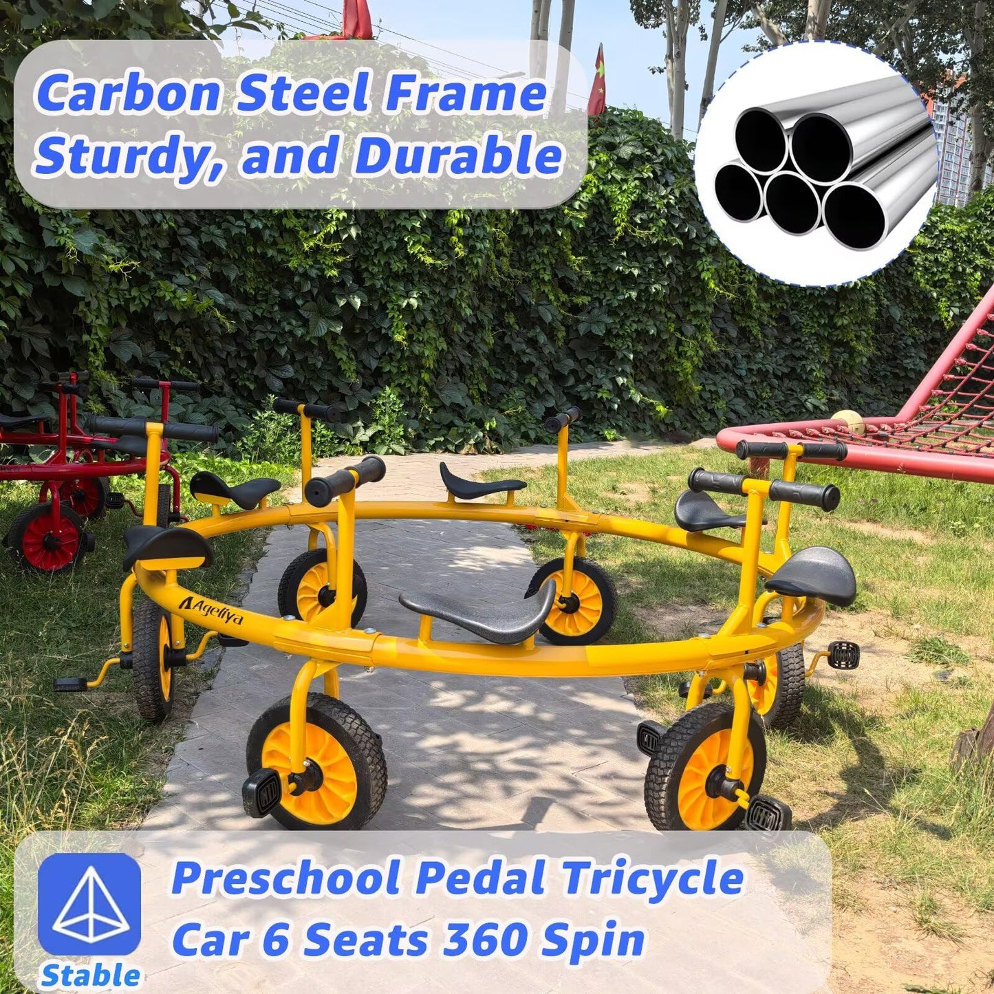 Ageliya Tricycle Merry Go Round Preschool Pedal Vehicles for Kids Aged 3+, Rotating Bike 6 Seats 360 Spin for Kindergarten Playground Daycare and Classroom Outdoor Play Equipment Yellow
