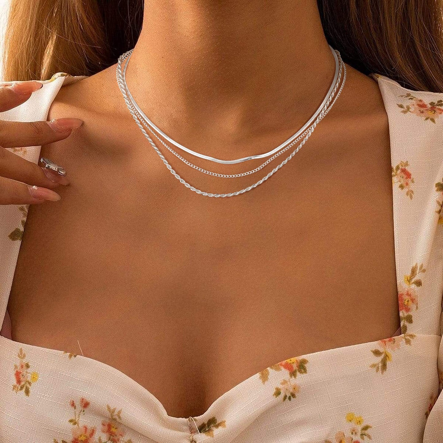 Freekiss Silver Herringbone Necklace for Women, Layered 925 Sterling Silver Necklace for Women Simple Dainty Cuban Rope Snake Link Chain Necklace Set Chunky Choker Silver Womens Jewelry Gifts